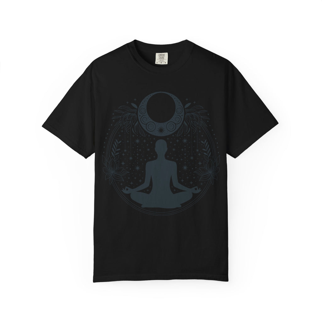 Meditation Moon T-Shirt — Yoga Silhouette & Crescent Moon Graphic