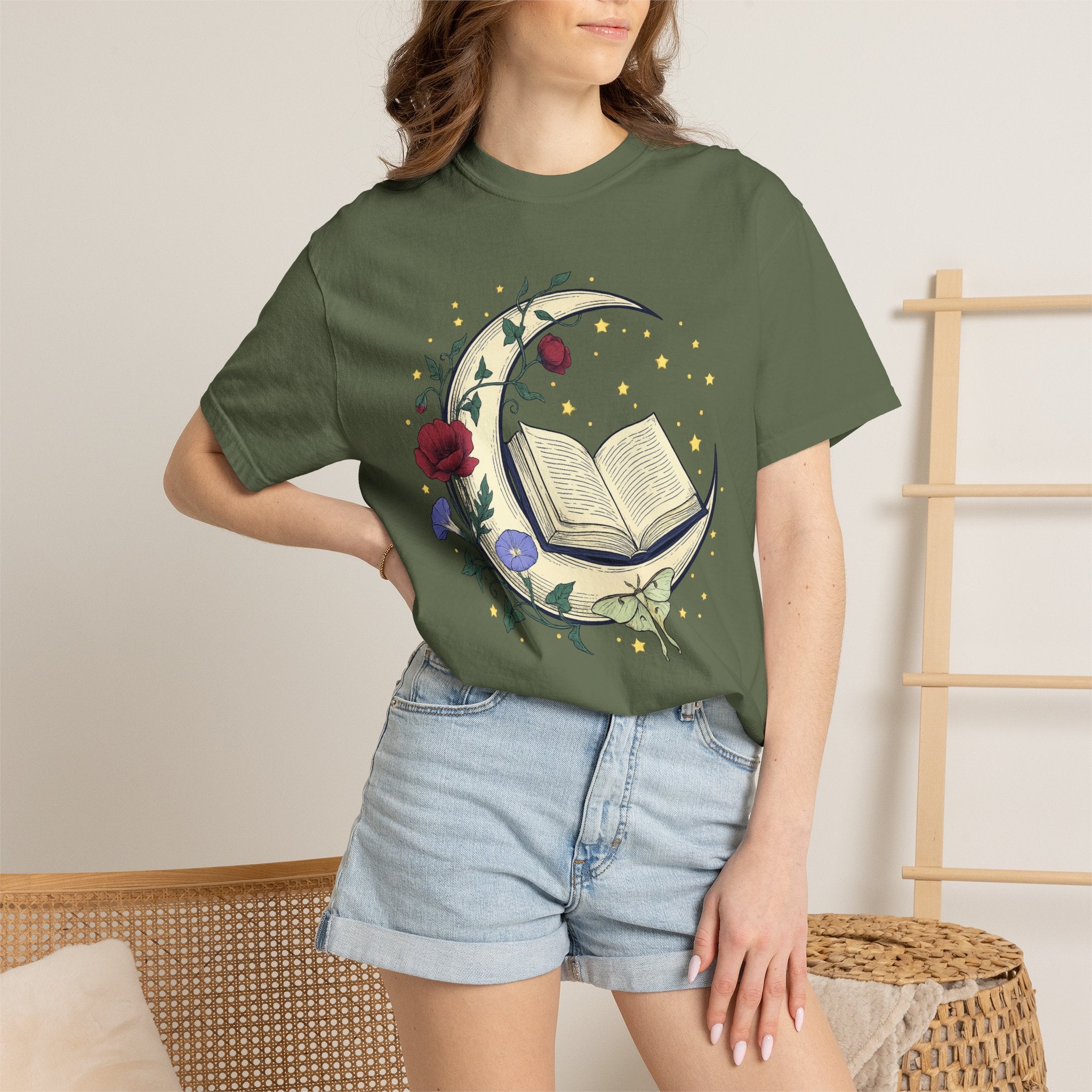 Crescent Moon Book TShirt Nature Mysticism Apparel Comfort Colors Heavyweight Tee Intentional Living Clothing Reading Room Graphic Top