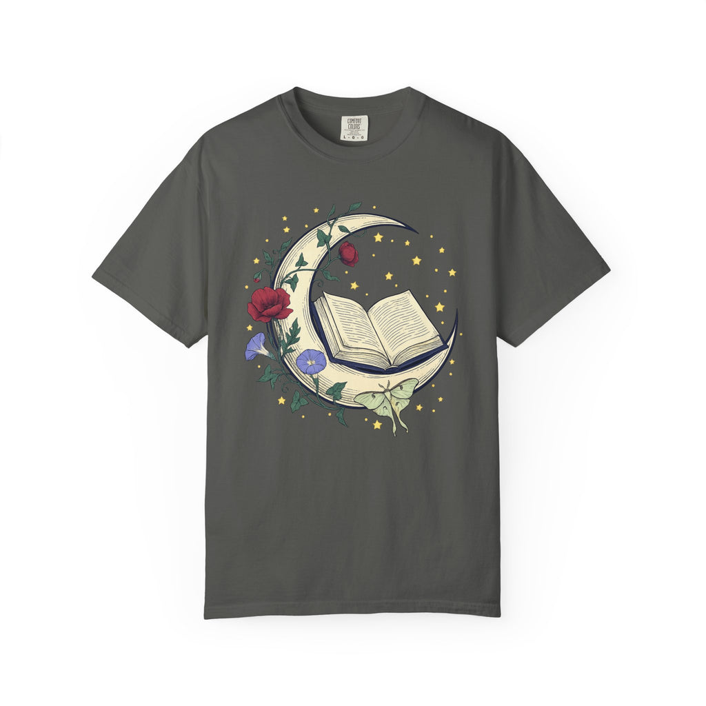 Crescent Moon Book TShirt Nature Mysticism Apparel Comfort Colors Heavyweight Tee Intentional Living Clothing Reading Room Graphic Top