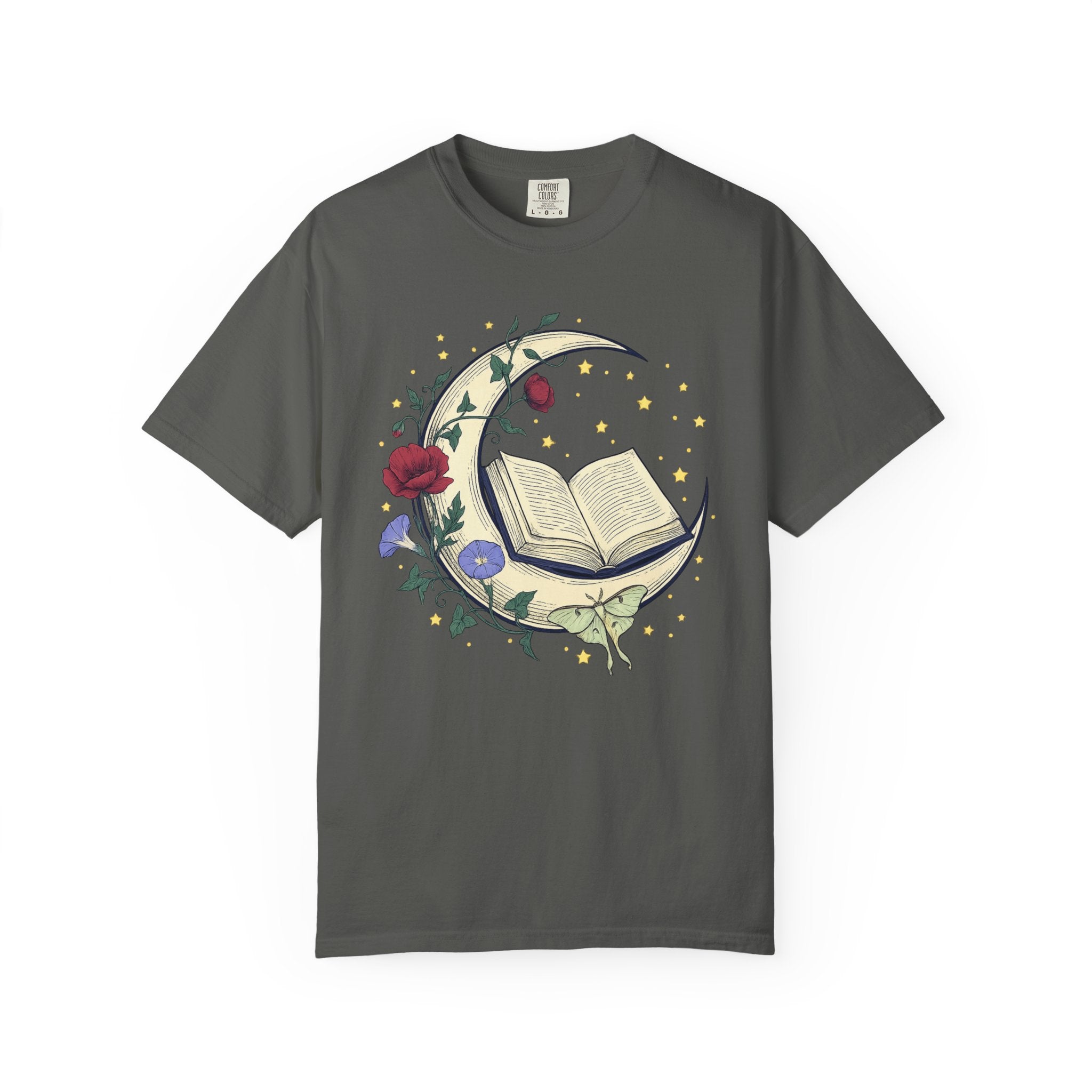Crescent Moon Book TShirt Nature Mysticism Apparel Comfort Colors Heavyweight Tee Intentional Living Clothing Reading Room Graphic Top