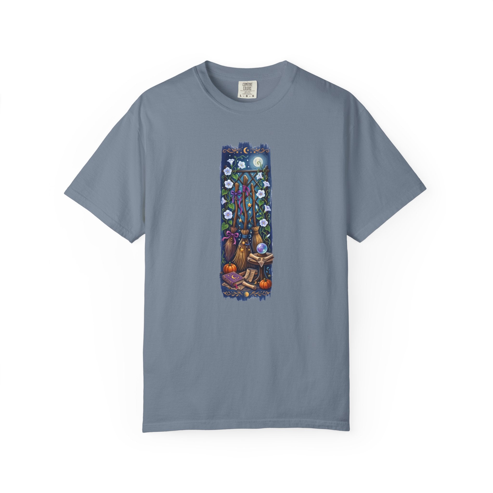 Witchy Garden Shirt, Cottagecore Witch Tee, Whimsical Moon Phase T-shirt, Celestial Broomstick Graphic Top, Botanical Mystic Gift, Aesthetic Autumn Tee