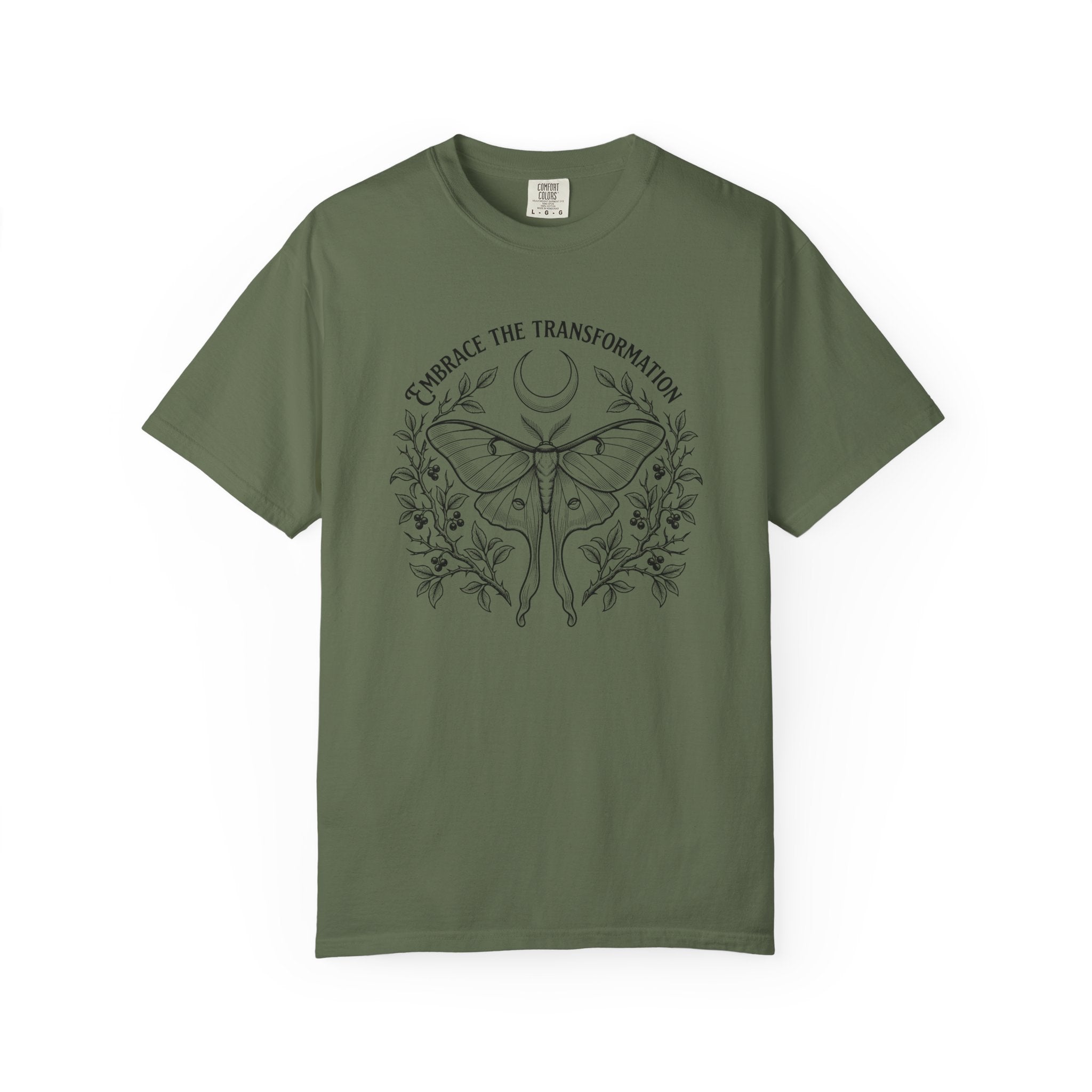 Transformation Moth T-Shirt - Crescent Moon and Botanical Graphic