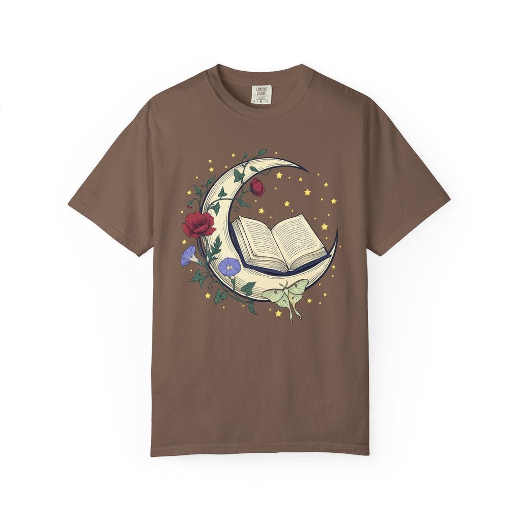 Crescent Moon Book TShirt Nature Mysticism Apparel Comfort Colors Heavyweight Tee Intentional Living Clothing Reading Room Graphic Top