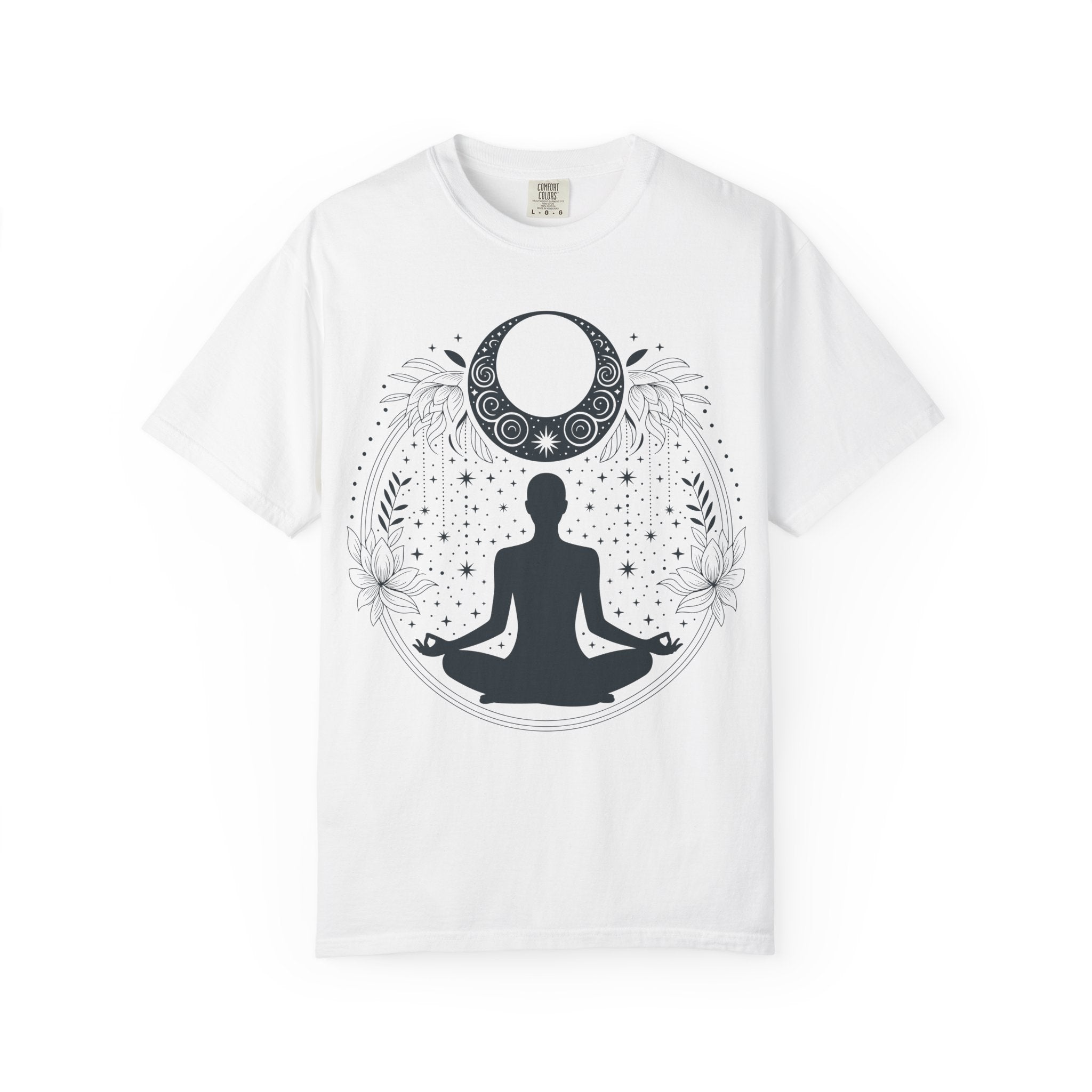 Meditation Moon T-Shirt — Yoga Silhouette & Crescent Moon Graphic
