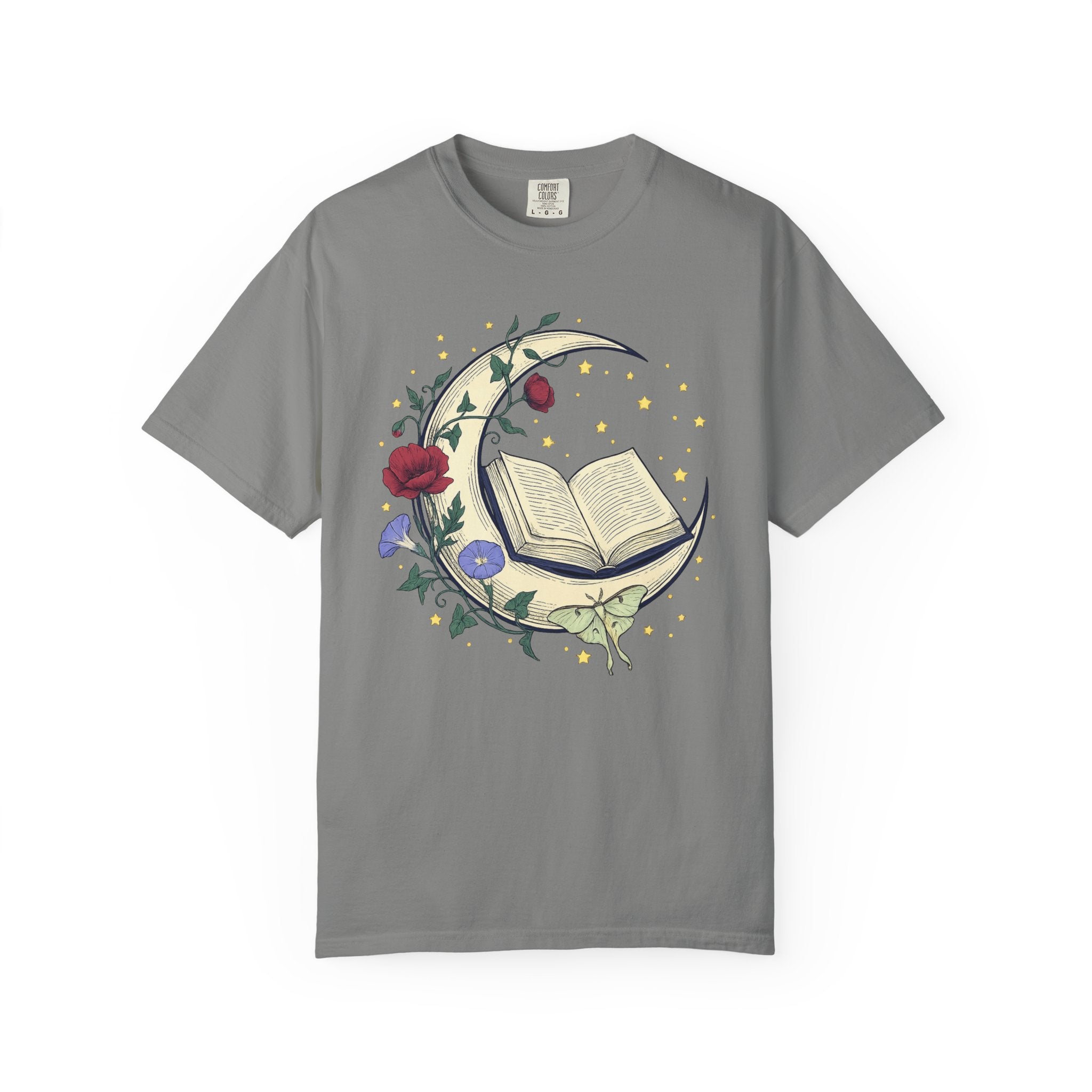 Crescent Moon Book TShirt Nature Mysticism Apparel Comfort Colors Heavyweight Tee Intentional Living Clothing Reading Room Graphic Top