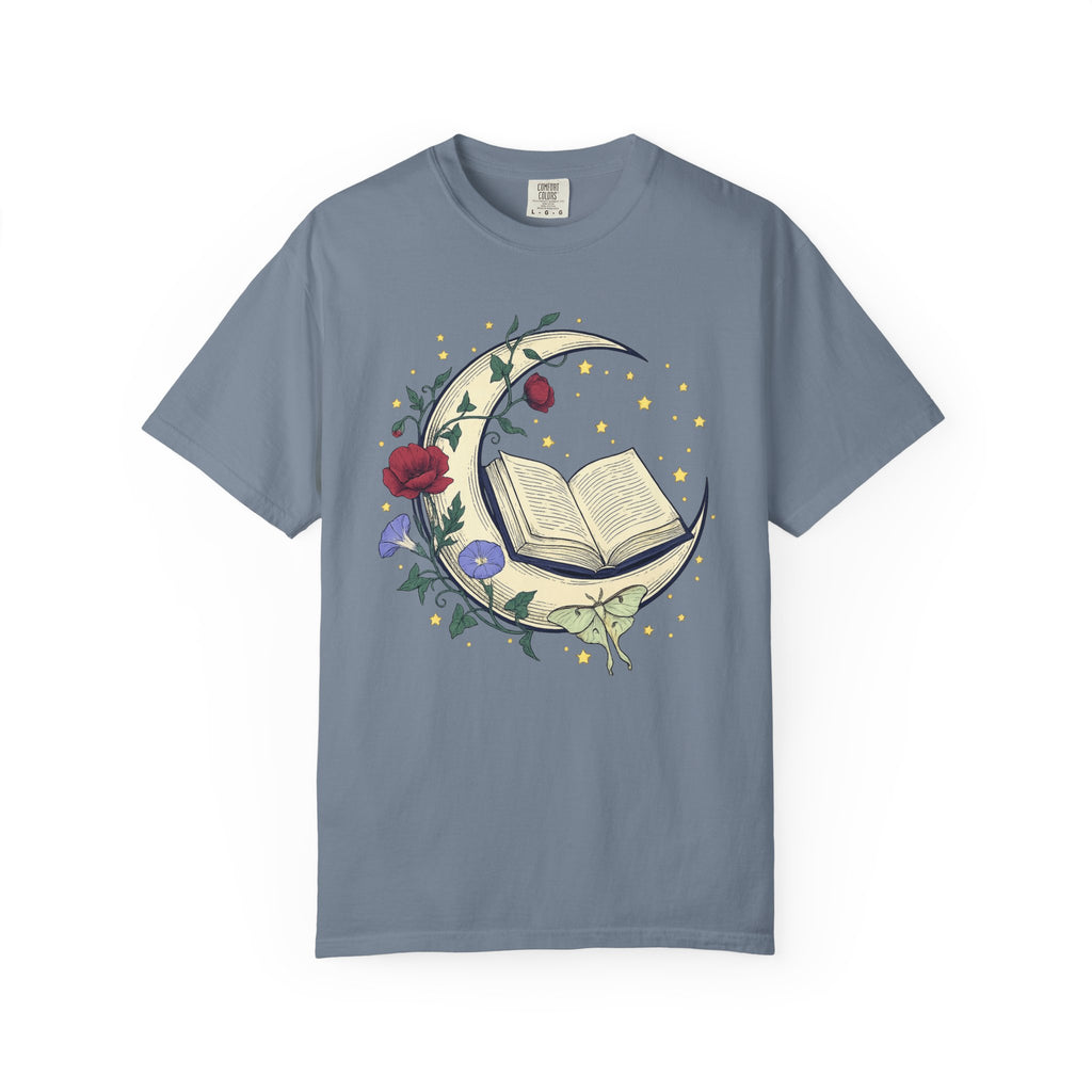 Crescent Moon Book TShirt Nature Mysticism Apparel Comfort Colors Heavyweight Tee Intentional Living Clothing Reading Room Graphic Top