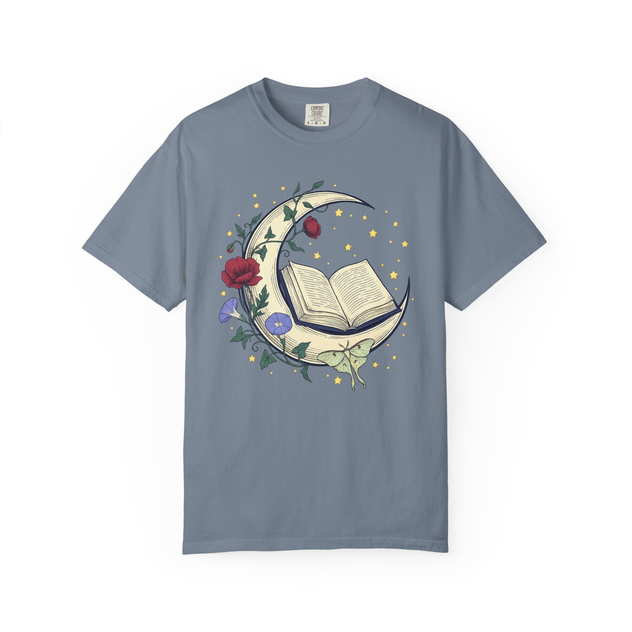 Crescent Moon Book TShirt Nature Mysticism Apparel Comfort Colors Heavyweight Tee Intentional Living Clothing Reading Room Graphic Top