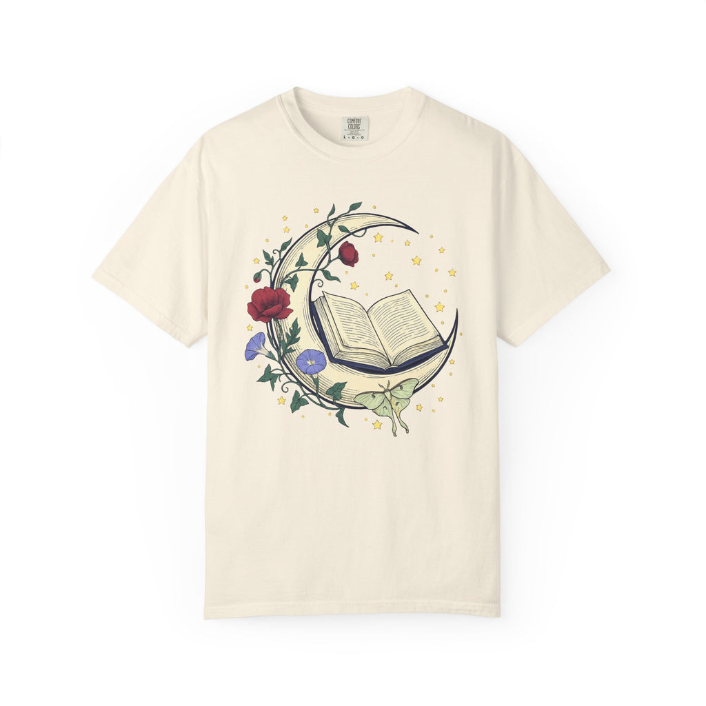 Crescent Moon Book TShirt Nature Mysticism Apparel Comfort Colors Heavyweight Tee Intentional Living Clothing Reading Room Graphic Top
