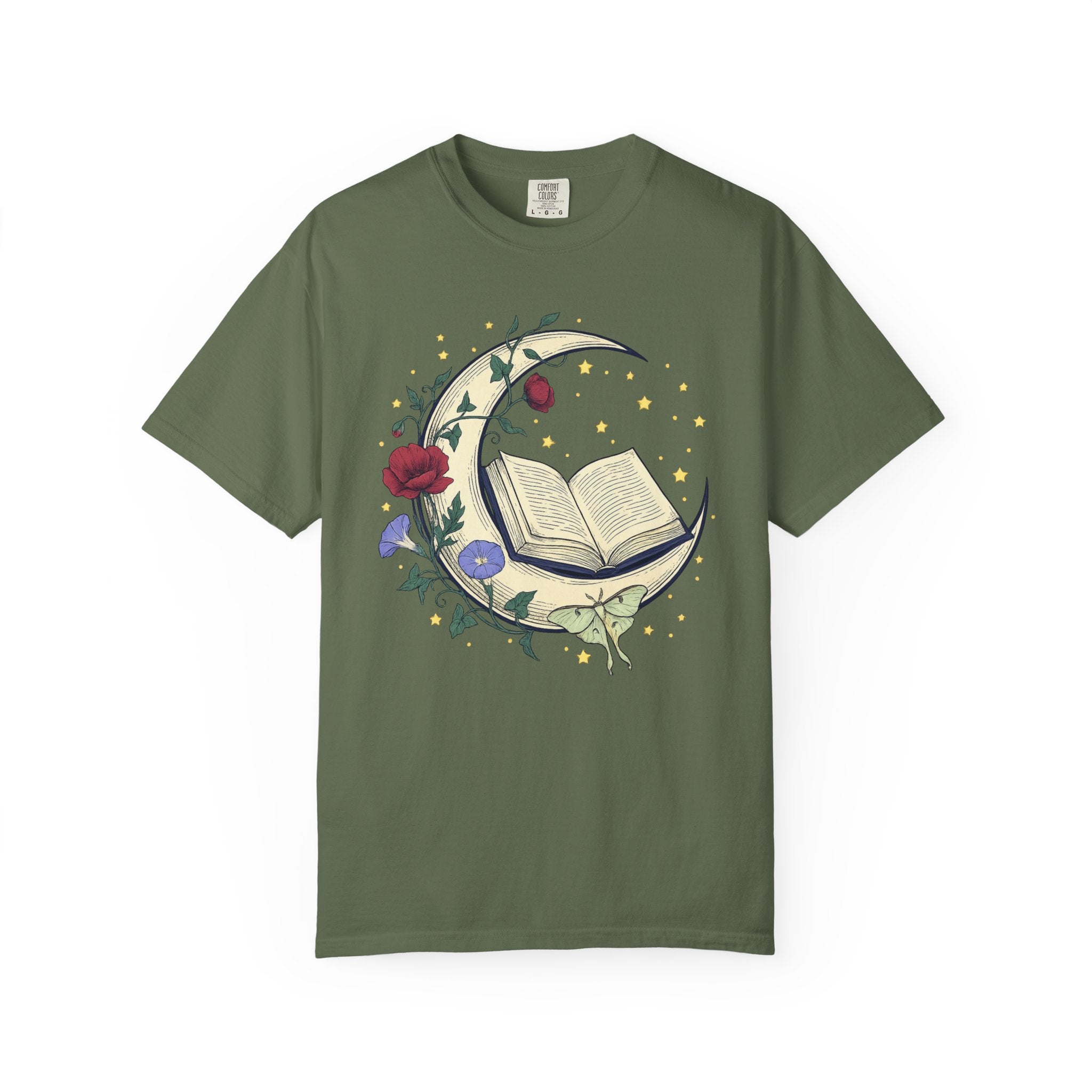 Crescent Moon Book TShirt Nature Mysticism Apparel Comfort Colors Heavyweight Tee Intentional Living Clothing Reading Room Graphic Top