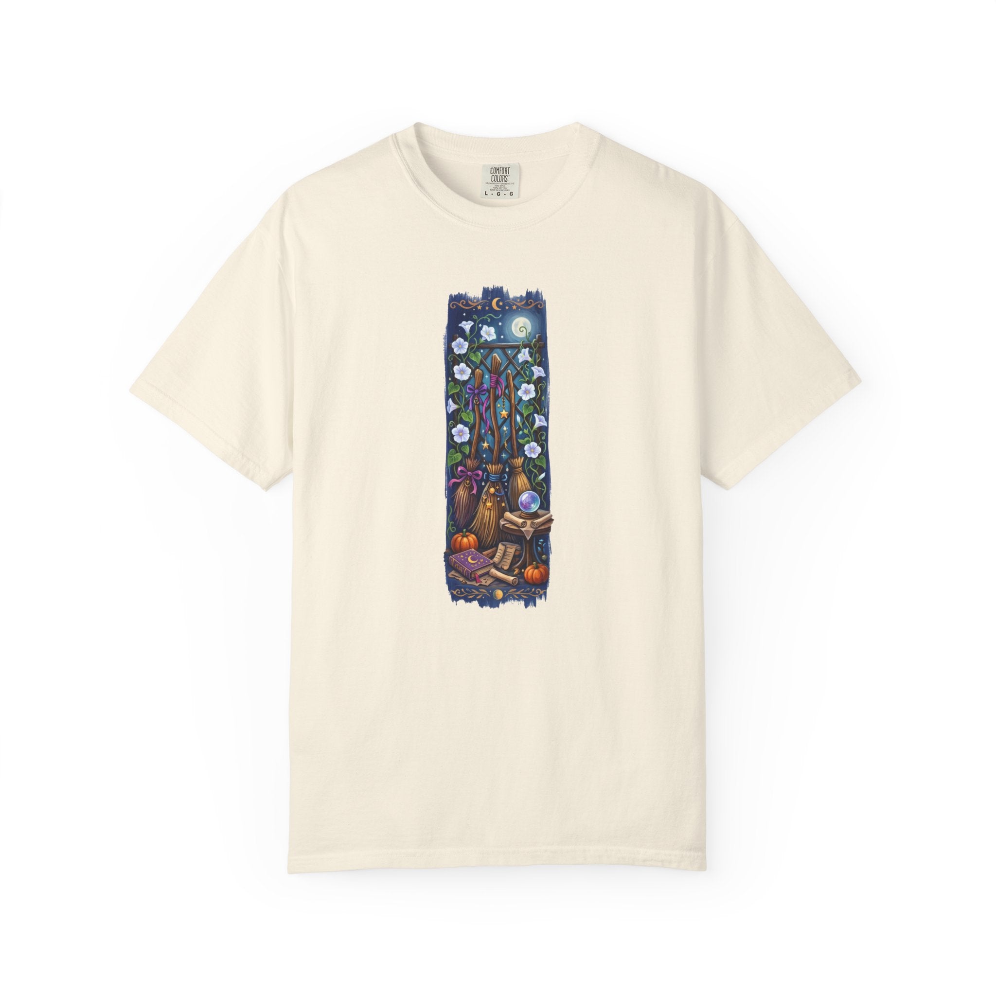 Witchy Garden Shirt, Cottagecore Witch Tee, Whimsical Moon Phase T-shirt, Celestial Broomstick Graphic Top, Botanical Mystic Gift, Aesthetic Autumn Tee