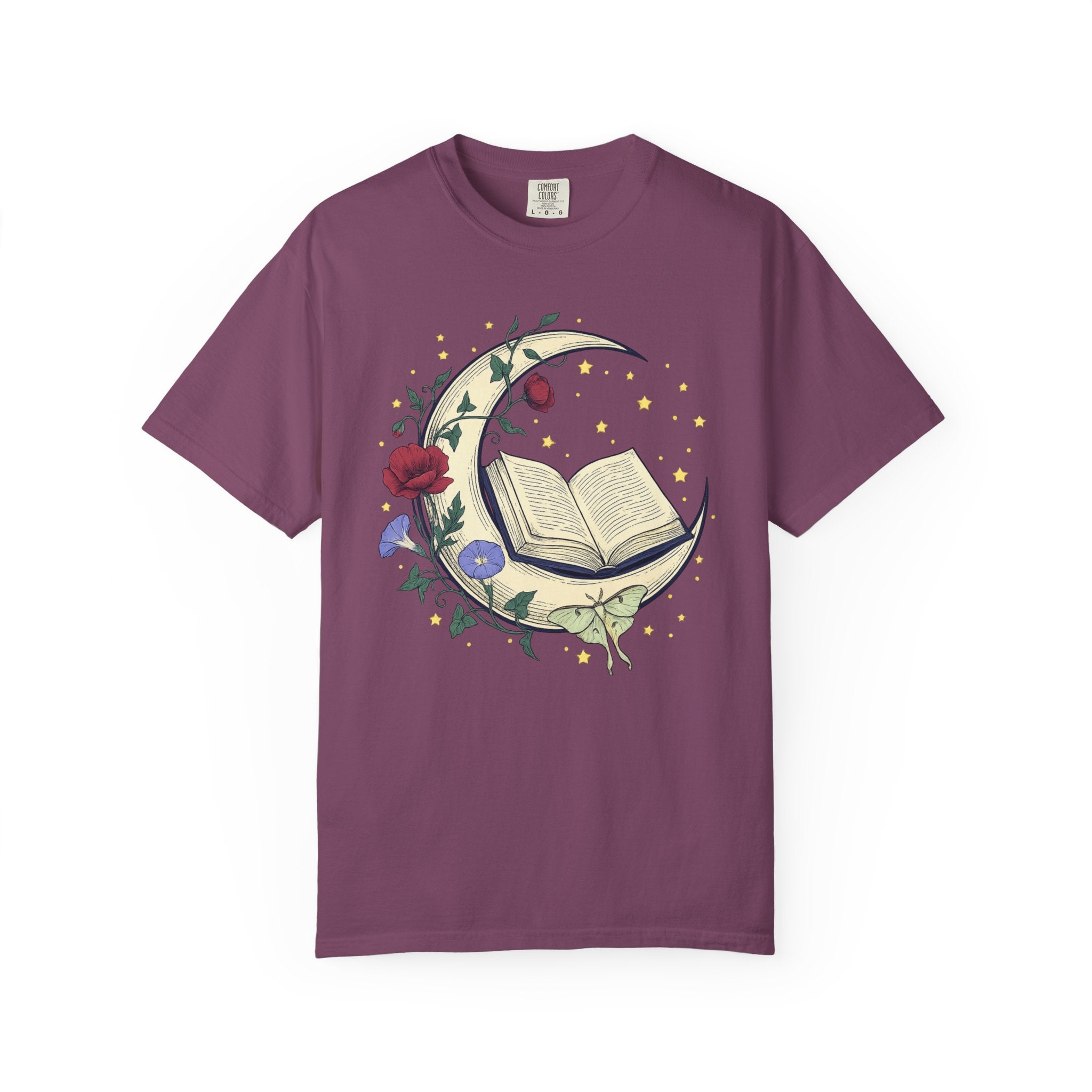 Crescent Moon Book TShirt Nature Mysticism Apparel Comfort Colors Heavyweight Tee Intentional Living Clothing Reading Room Graphic Top