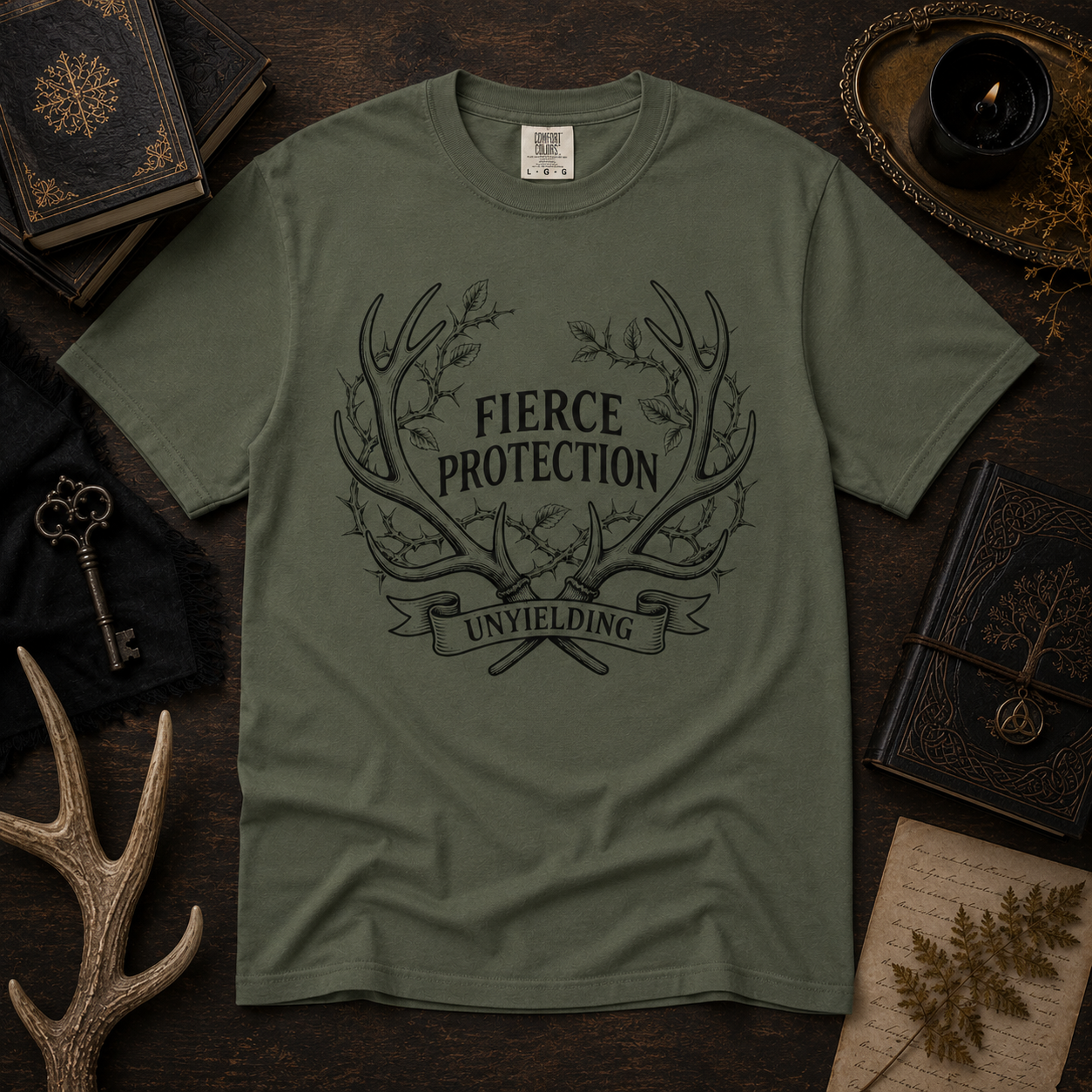 Fierce Protection T-Shirt — 'Fierce Protection, Unyielding' Antler Crest Tee