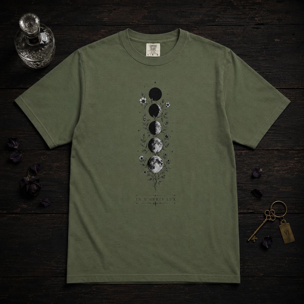 In Darkness, Light T-Shirt — Latin Lunar Phases Graphic Tee