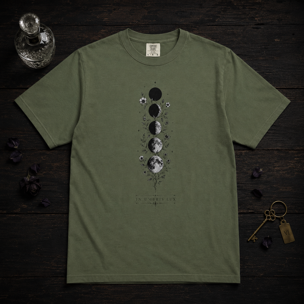 In Darkness, Light T-Shirt — Latin Lunar Phases Graphic Tee