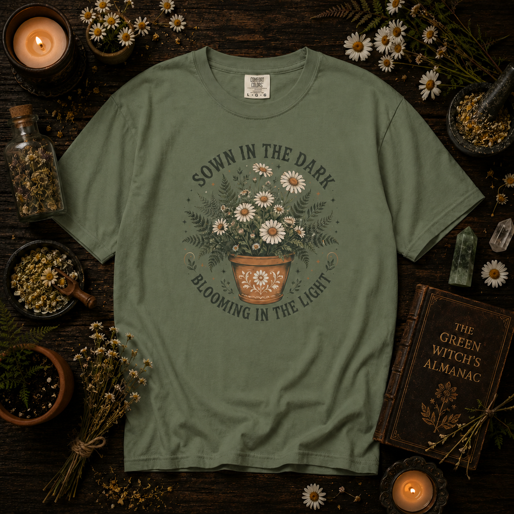 Sown in the Dark, Blooming in the Light - Inspirational Garden Tee - Daisy Pot Graphic T-Shirt