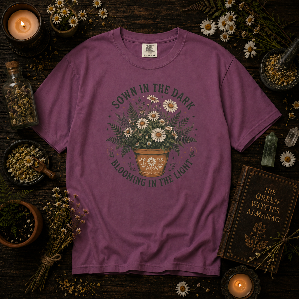 Sown in the Dark, Blooming in the Light - Inspirational Garden Tee - Daisy Pot Graphic T-Shirt
