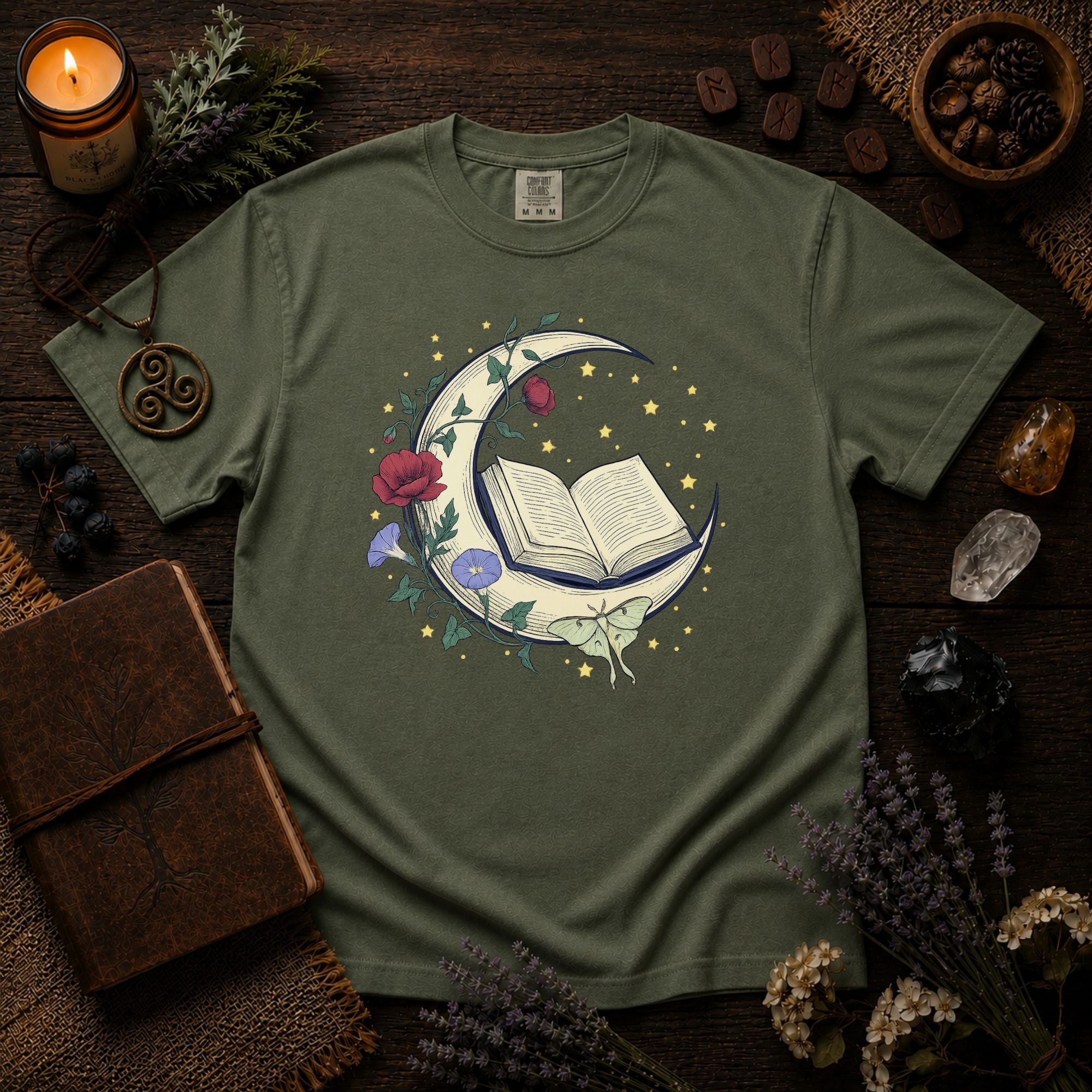 Crescent Moon Book TShirt Nature Mysticism Apparel Comfort Colors Heavyweight Tee Intentional Living Clothing Reading Room Graphic Top