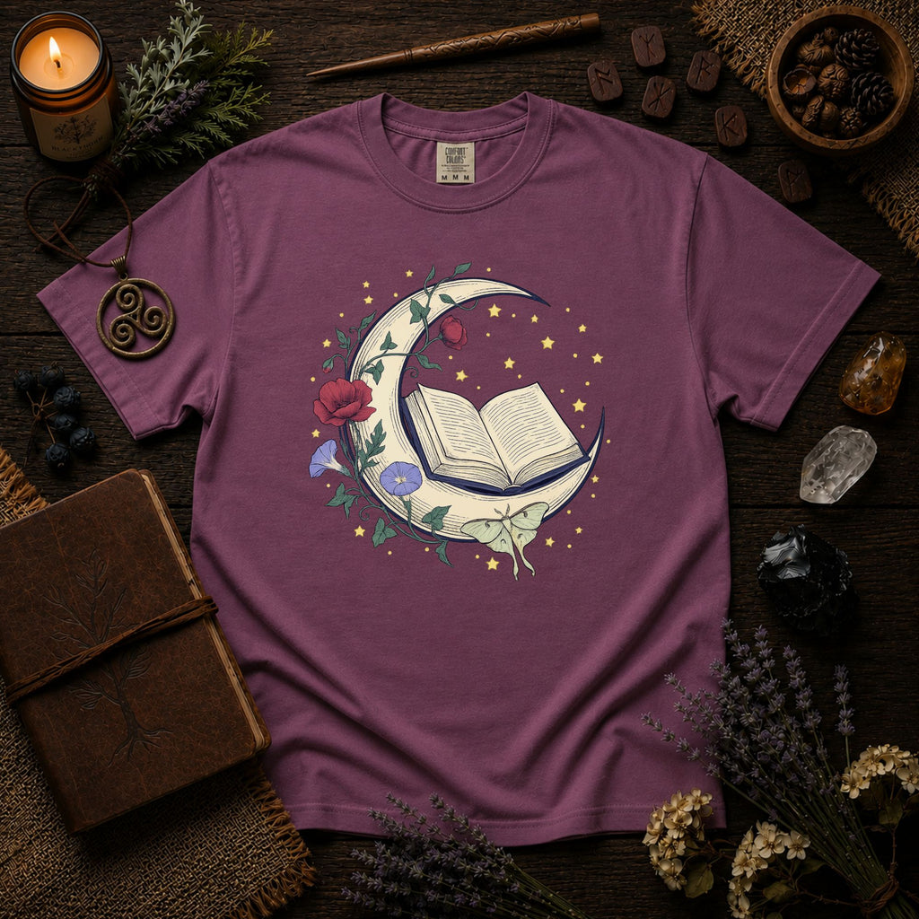 Crescent Moon Book TShirt Nature Mysticism Apparel Comfort Colors Heavyweight Tee Intentional Living Clothing Reading Room Graphic Top