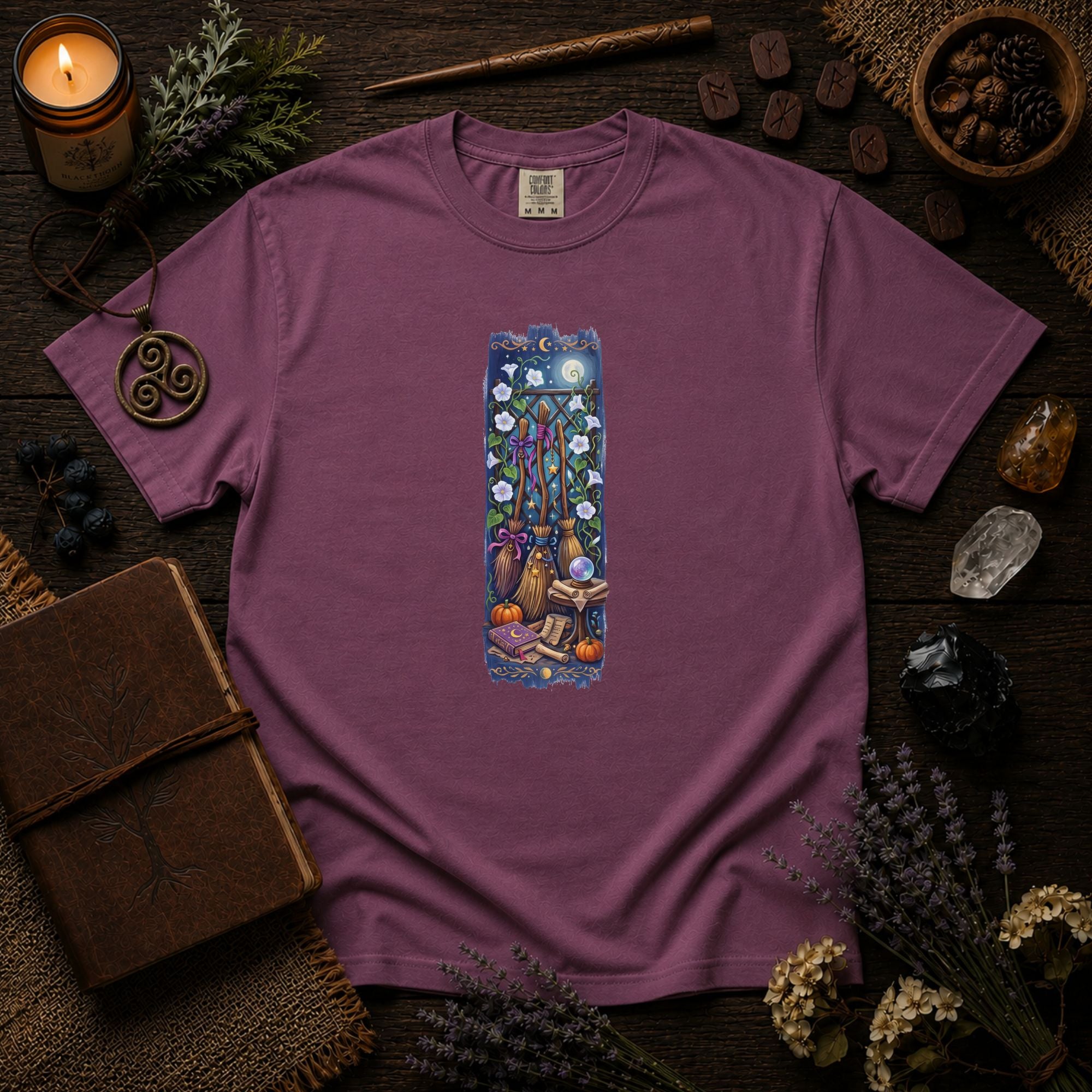 Witchy Garden Shirt, Cottagecore Witch Tee, Whimsical Moon Phase T-shirt, Celestial Broomstick Graphic Top, Botanical Mystic Gift, Aesthetic Autumn Tee
