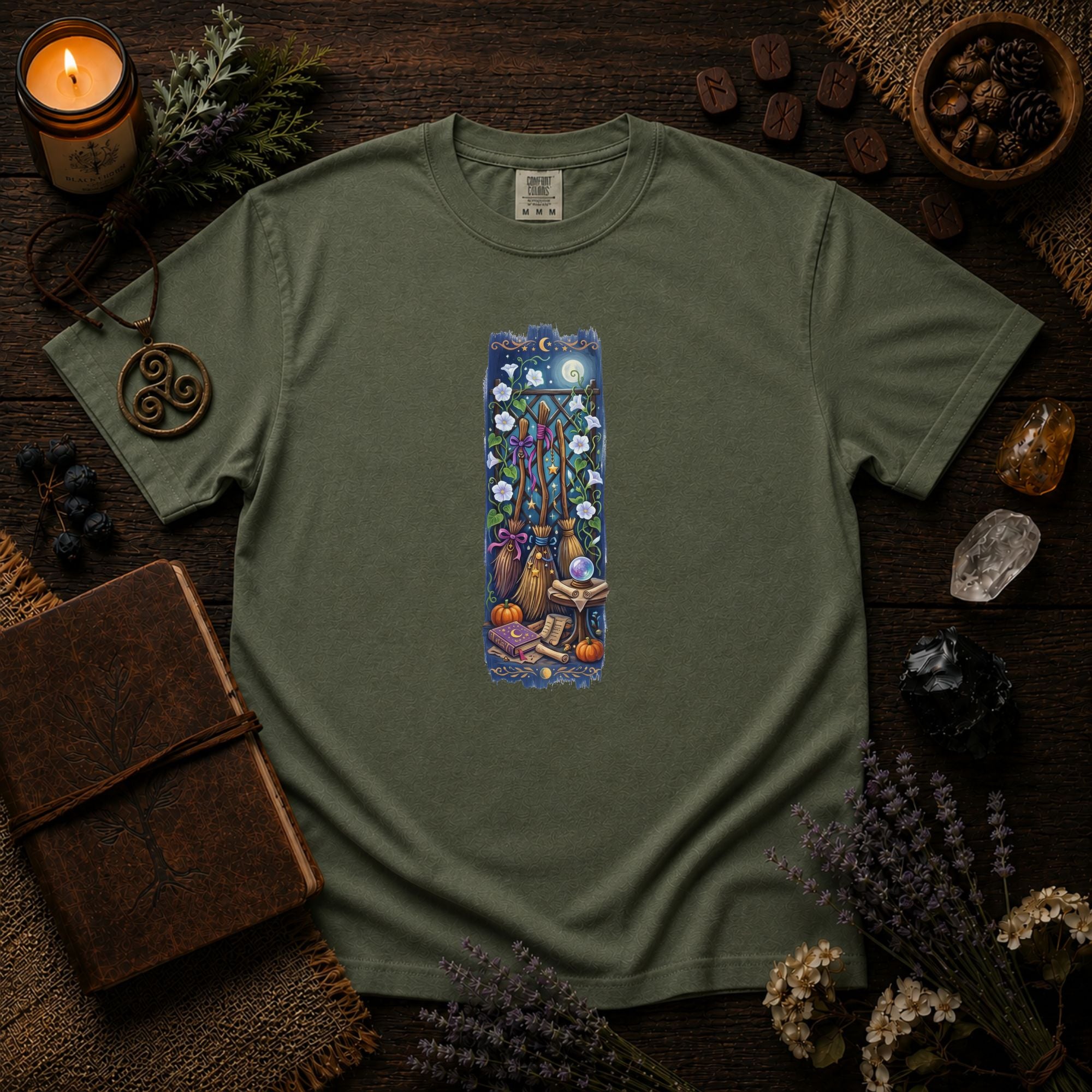 Witchy Garden Shirt, Cottagecore Witch Tee, Whimsical Moon Phase T-shirt, Celestial Broomstick Graphic Top, Botanical Mystic Gift, Aesthetic Autumn Tee