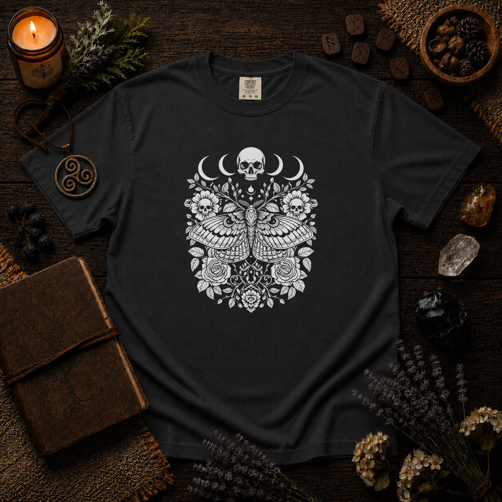 Gothic Skull Moth Shirt | Goth Graphic Tee | Celestial Moon Phase Aesthetic T-Shirt, Witchy Cottagecore Floral Top