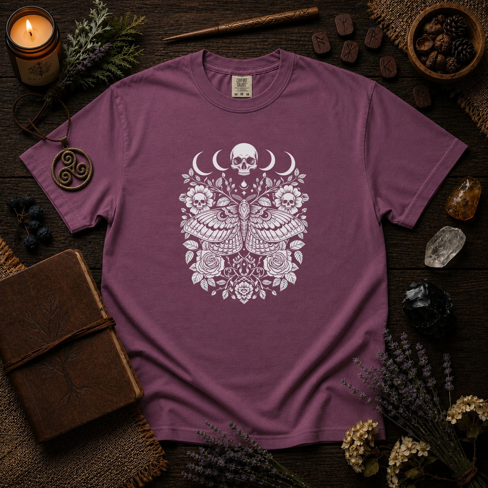 Gothic Skull Moth Shirt | Goth Graphic Tee | Celestial Moon Phase Aesthetic T-Shirt, Witchy Cottagecore Floral Top