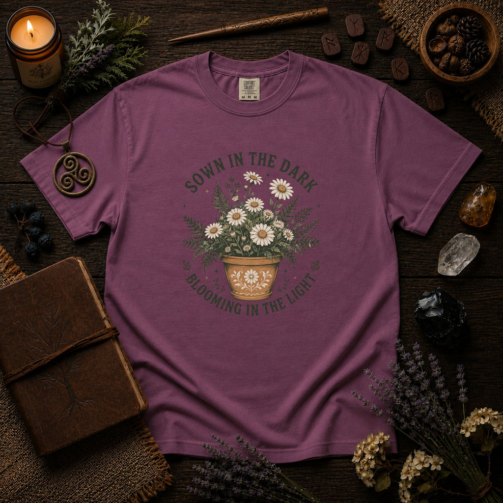 Sown in the Dark, Blooming in the Light - Inspirational Garden Tee - Daisy Pot Graphic T-Shirt