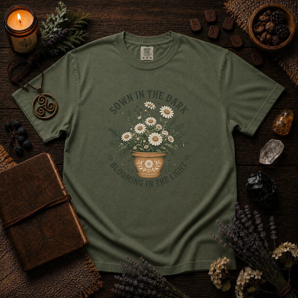Sown in the Dark, Blooming in the Light - Inspirational Garden Tee - Daisy Pot Graphic T-Shirt