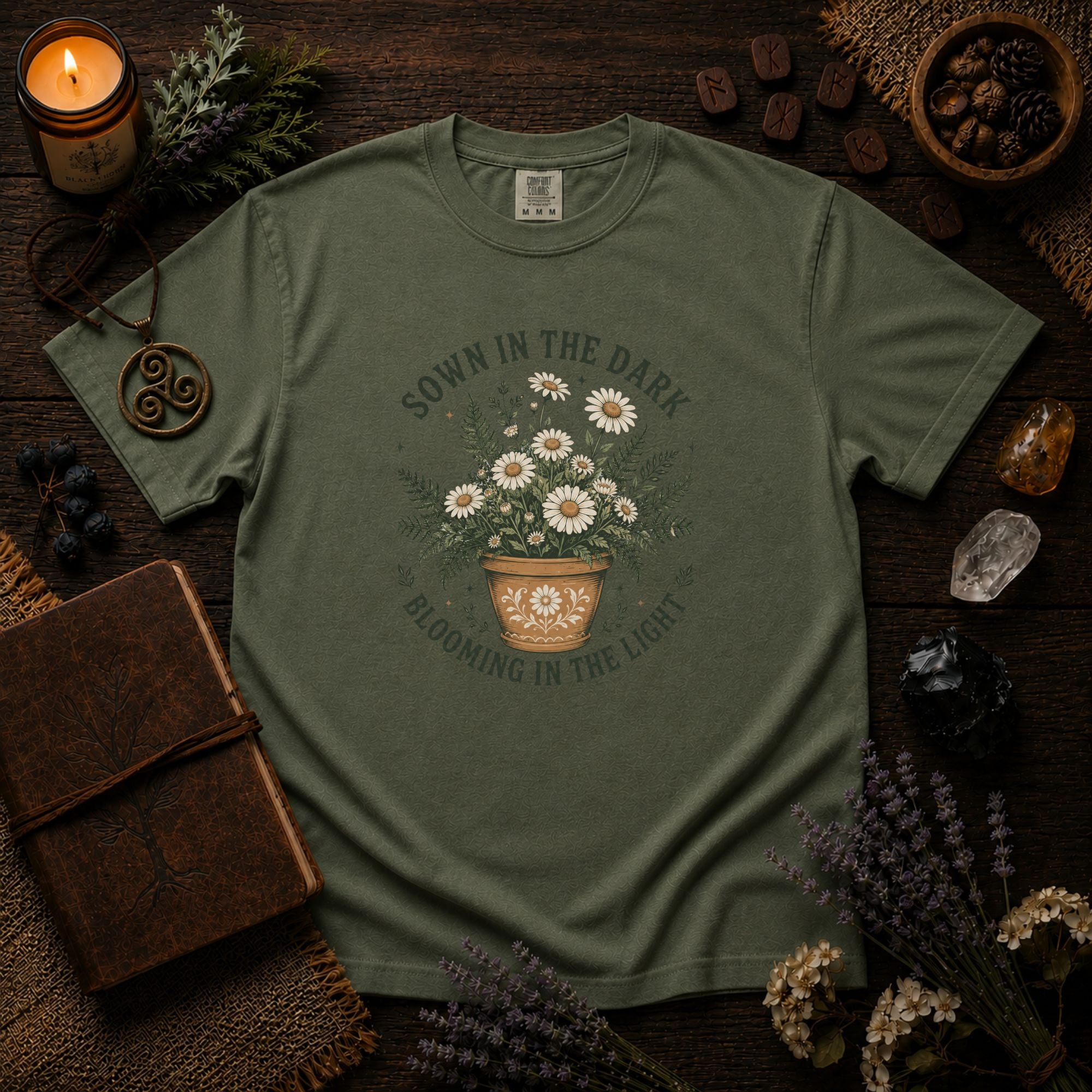 Sown in the Dark, Blooming in the Light - Inspirational Garden Tee - Daisy Pot Graphic T-Shirt