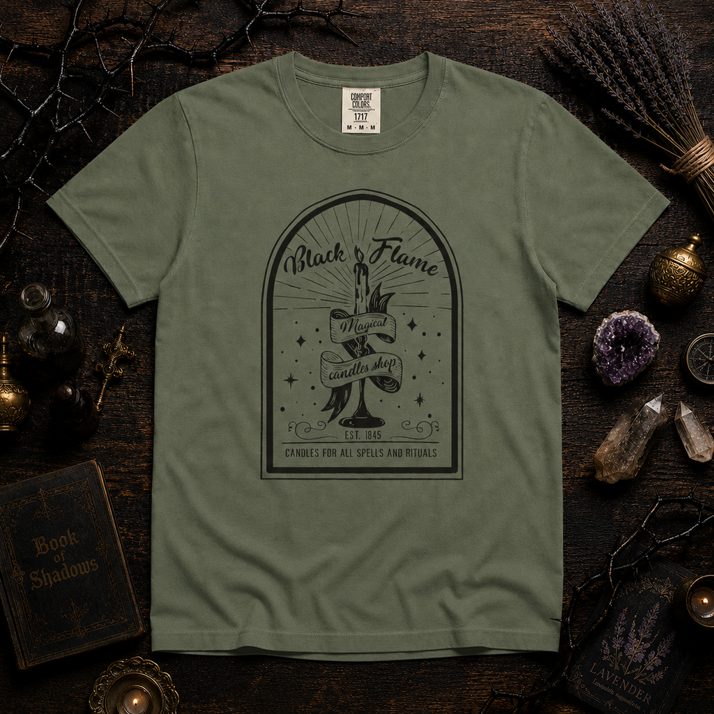 Black Flame Magical Candle Shop Graphic Tee, Gothic Occult Candle Graphic Tee, Witchy Shirt, Dark Academia Mystical Star T-Shirt