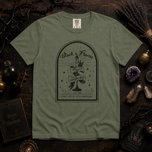 Black Flame Magical Candle Shop Graphic Tee, Gothic Occult Candle Graphic Tee, Witchy Shirt, Dark Academia Mystical Star T-Shirt