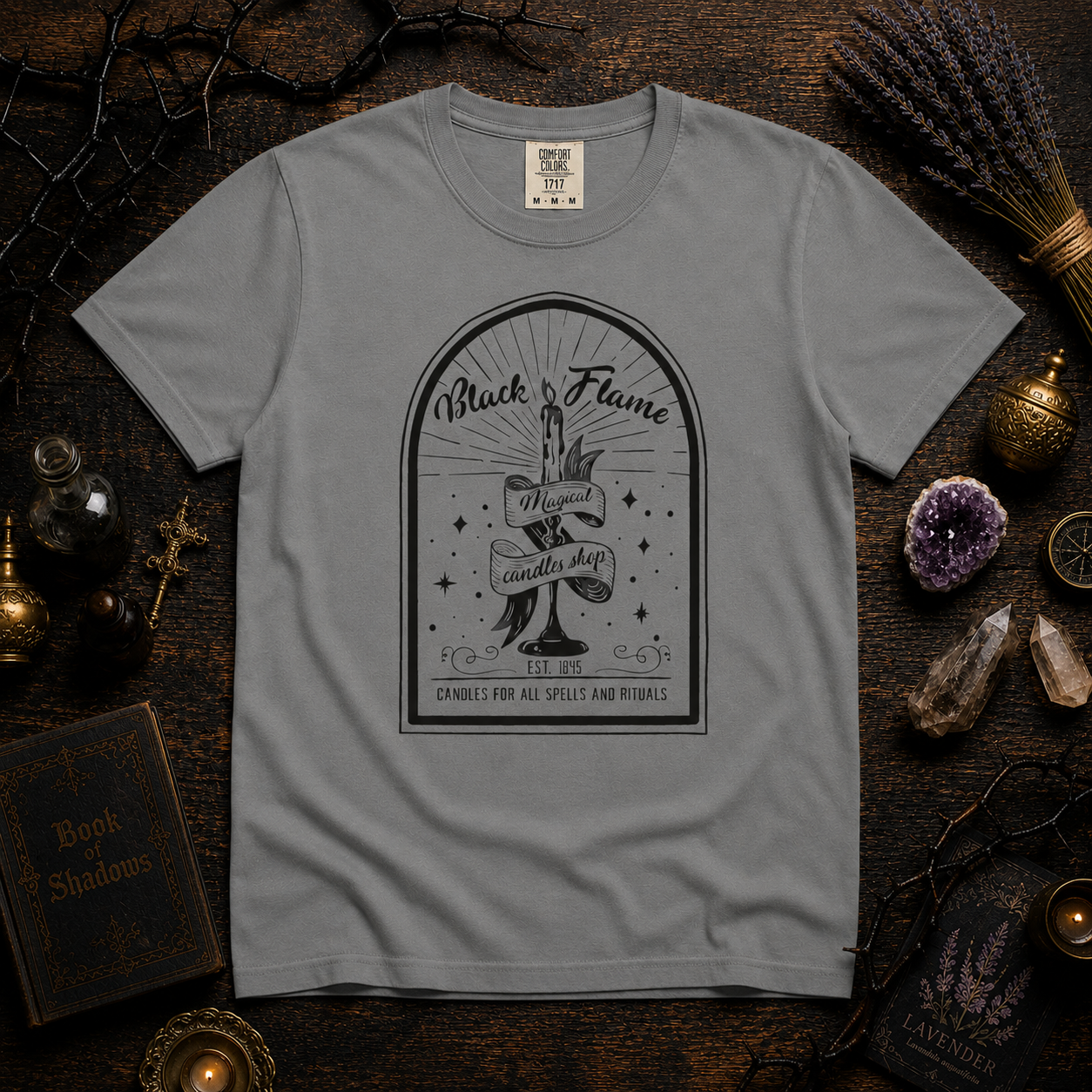 Black Flame Magical Candle Shop Graphic Tee, Gothic Occult Candle Graphic Tee, Witchy Shirt, Dark Academia Mystical Star T-Shirt