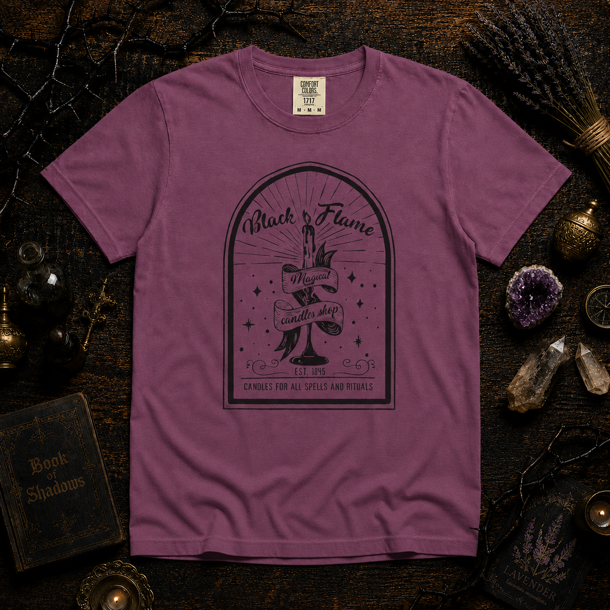 Black Flame Magical Candle Shop Graphic Tee, Gothic Occult Candle Graphic Tee, Witchy Shirt, Dark Academia Mystical Star T-Shirt