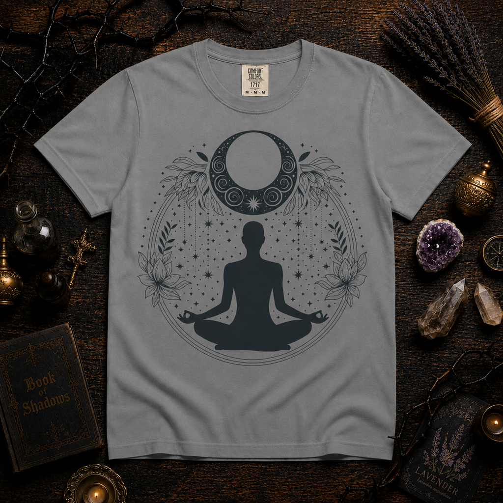 Meditation Moon T-Shirt — Yoga Silhouette & Crescent Moon Graphic
