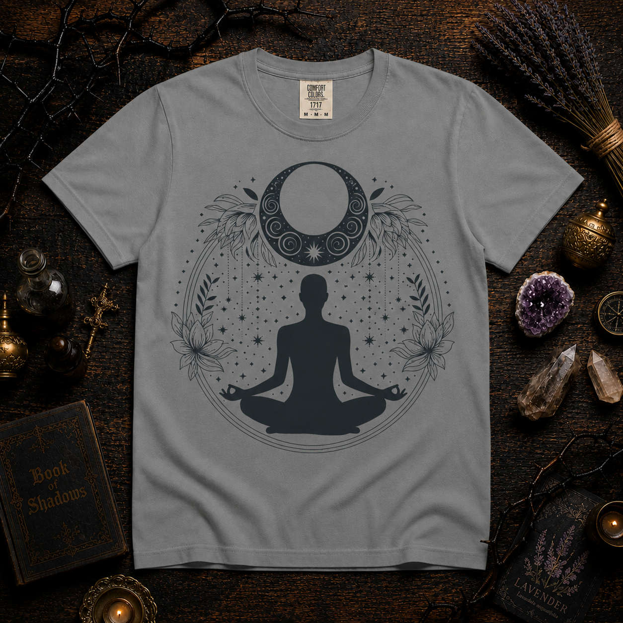 Meditation Moon T-Shirt — Yoga Silhouette & Crescent Moon Graphic