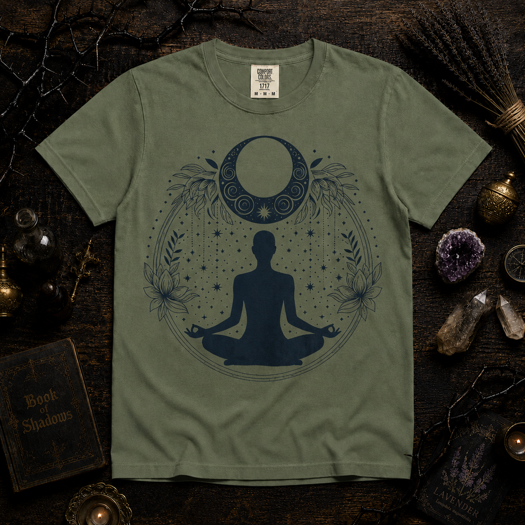 Meditation Moon T-Shirt — Yoga Silhouette & Crescent Moon Graphic