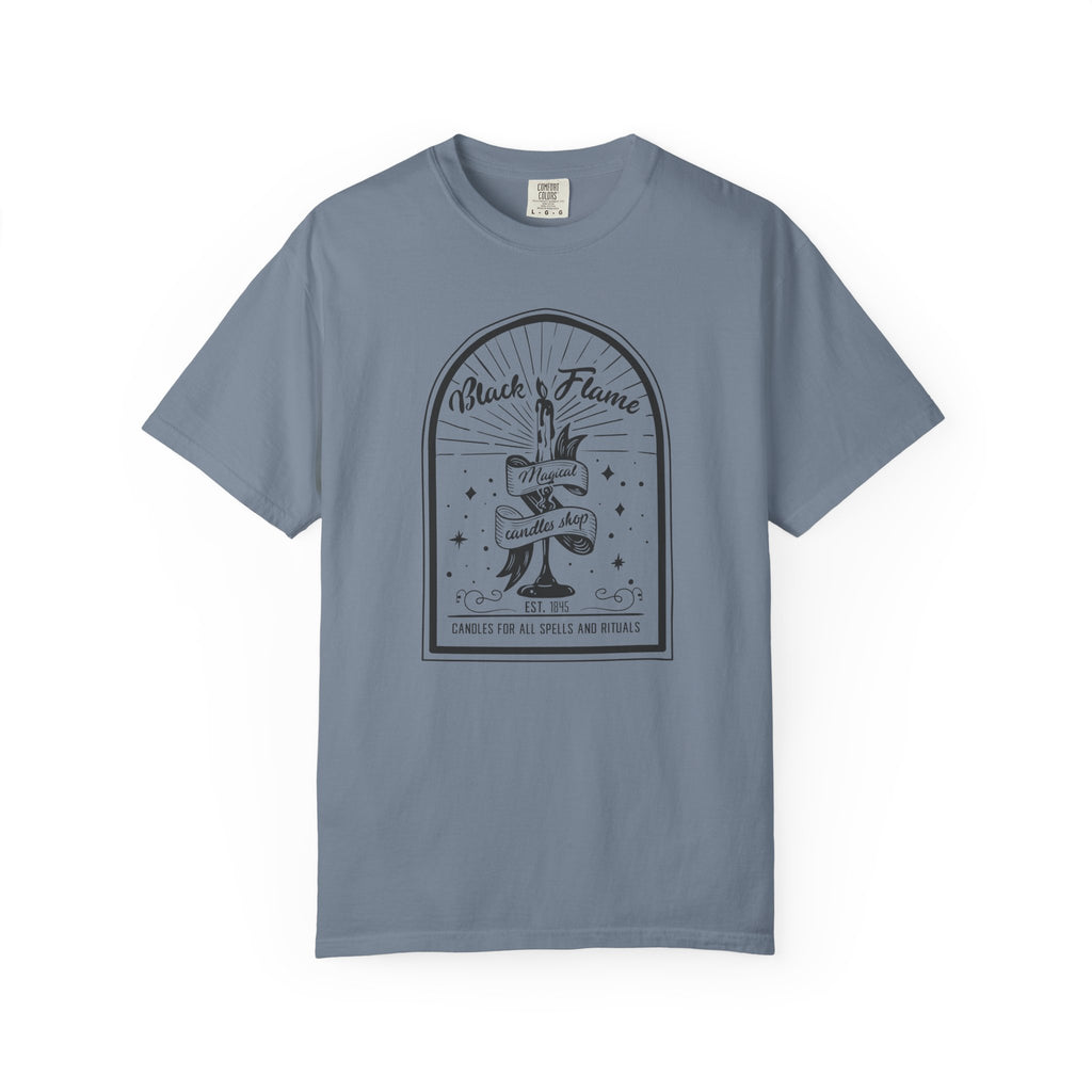 Black Flame Magical Candle Shop Graphic Tee, Gothic Occult Candle Graphic Tee, Witchy Shirt, Dark Academia Mystical Star T-Shirt