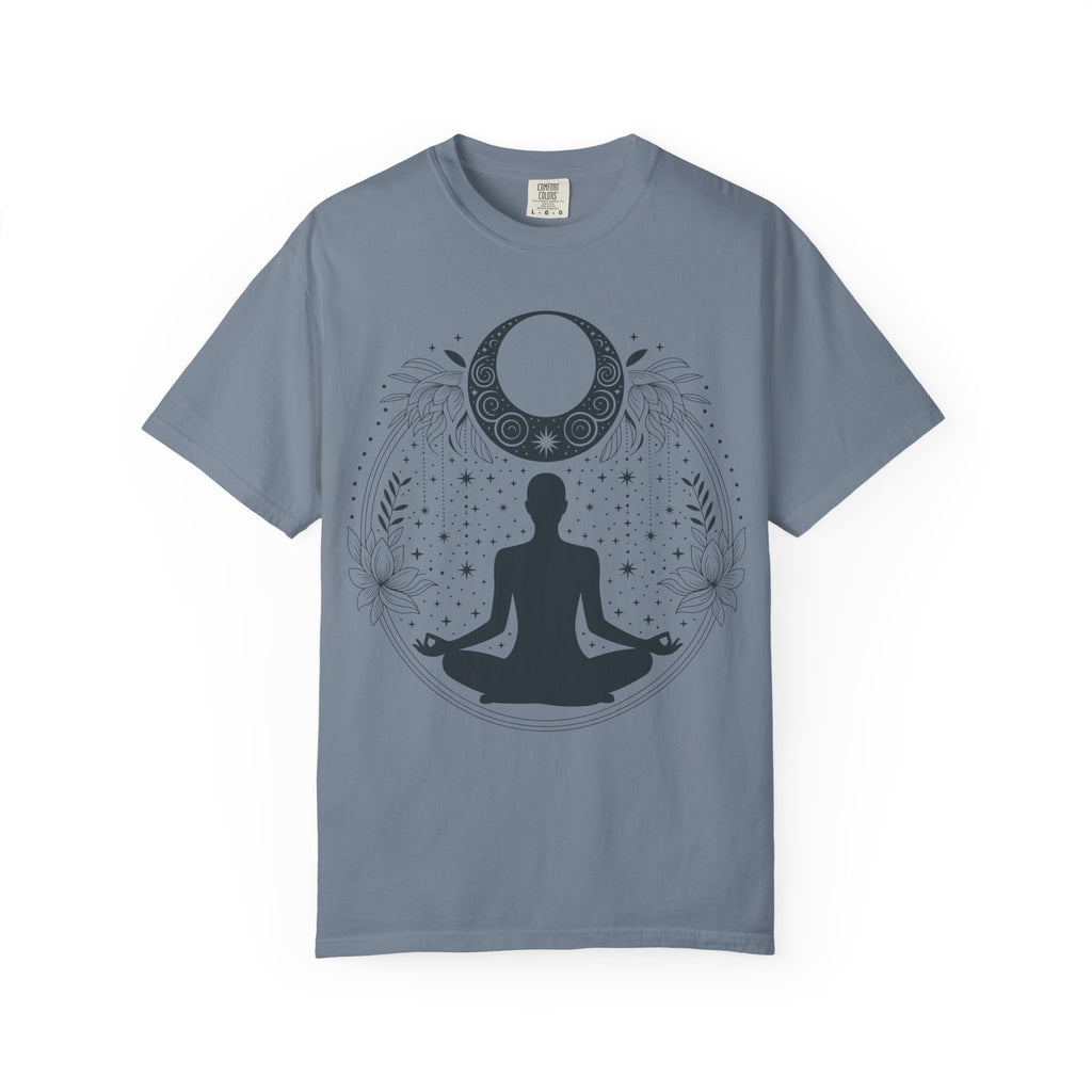 Meditation Moon T-Shirt — Yoga Silhouette & Crescent Moon Graphic