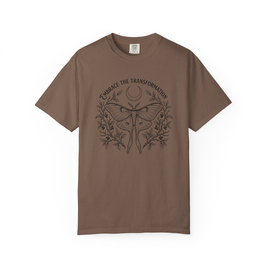 Transformation Moth T-Shirt - Crescent Moon and Botanical Graphic