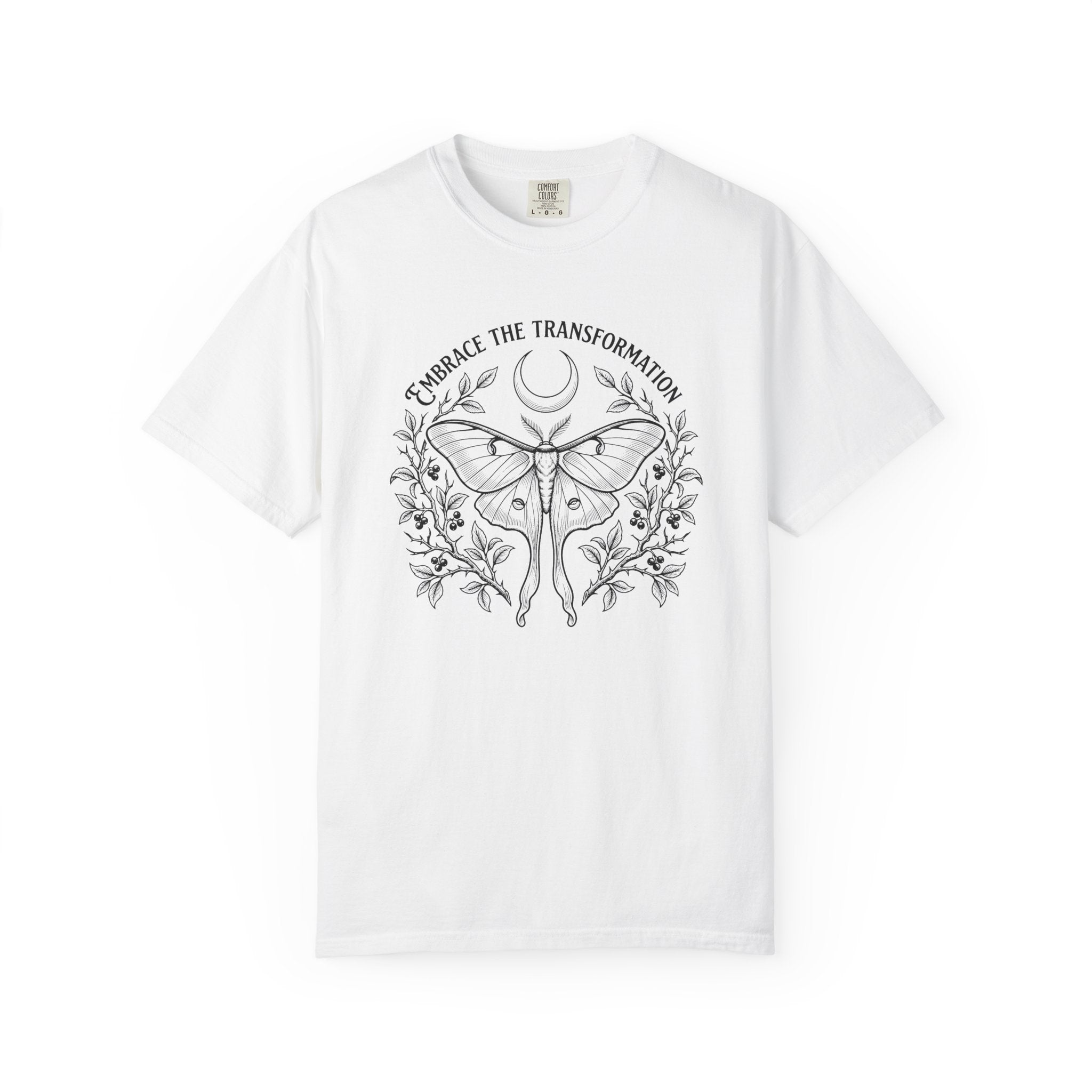 Transformation Moth T-Shirt - Crescent Moon and Botanical Graphic