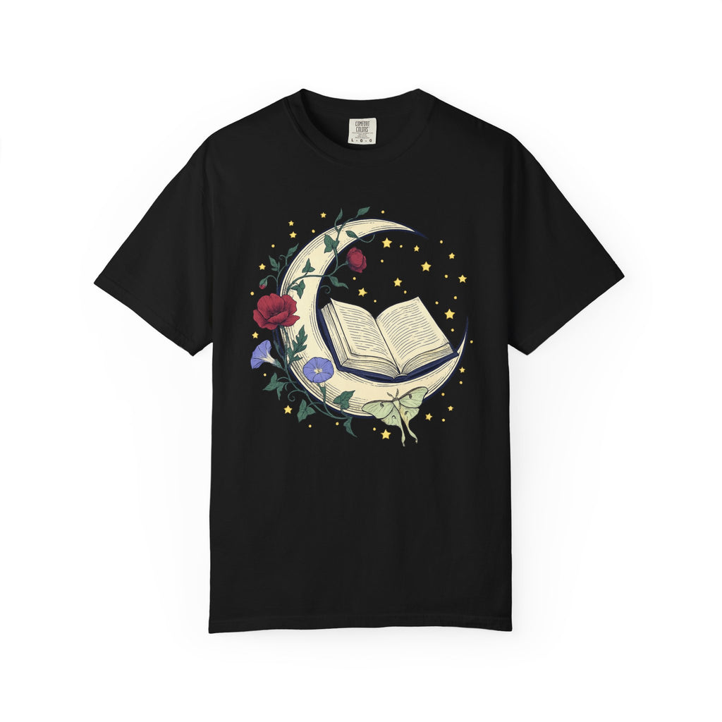Crescent Moon Book TShirt Nature Mysticism Apparel Comfort Colors Heavyweight Tee Intentional Living Clothing Reading Room Graphic Top