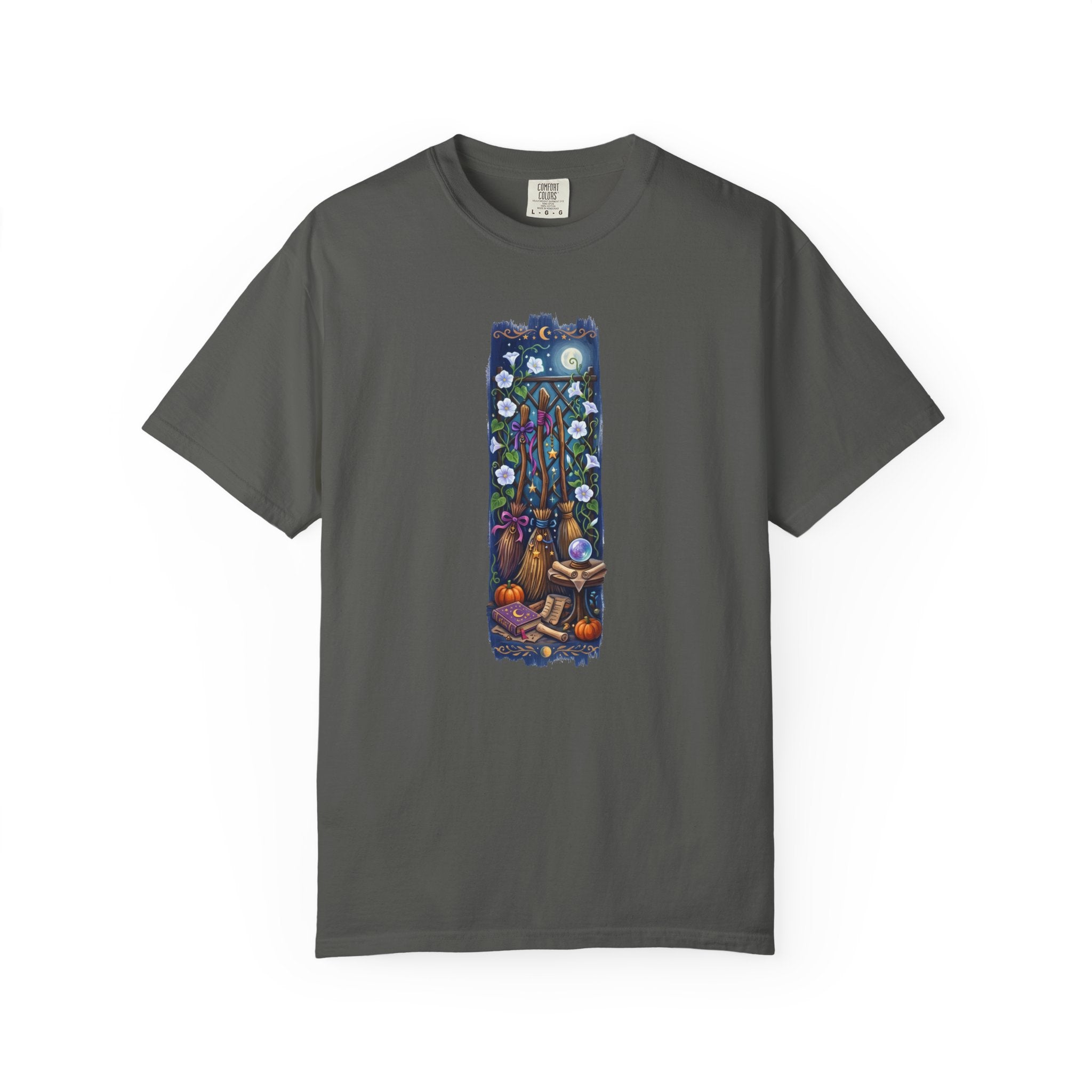 Witchy Garden Shirt, Cottagecore Witch Tee, Whimsical Moon Phase T-shirt, Celestial Broomstick Graphic Top, Botanical Mystic Gift, Aesthetic Autumn Tee