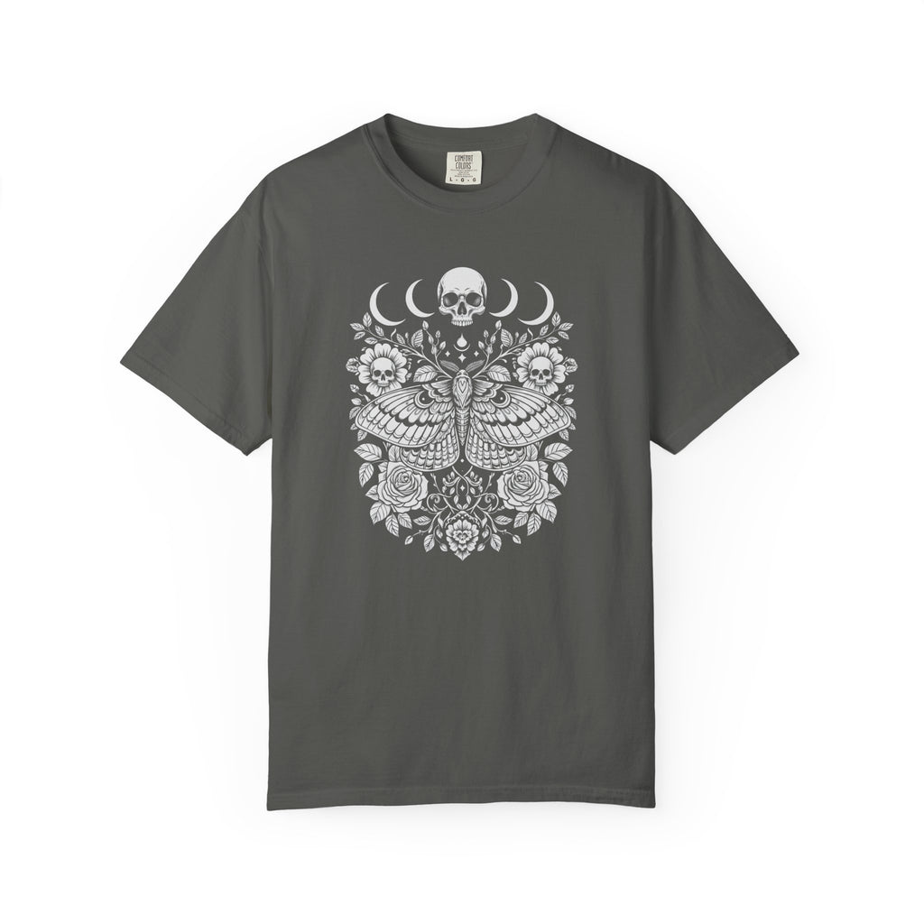 Gothic Skull Moth Shirt | Goth Graphic Tee | Celestial Moon Phase Aesthetic T-Shirt, Witchy Cottagecore Floral Top
