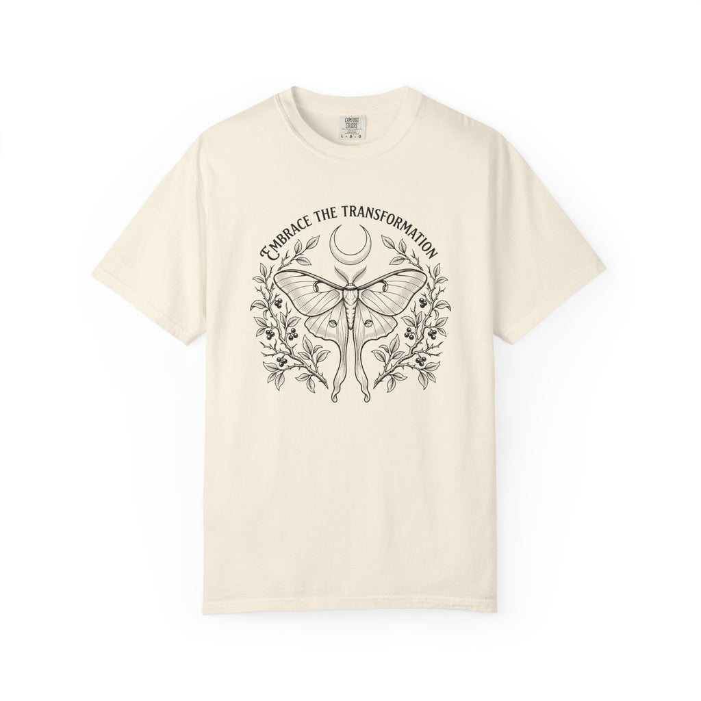 Transformation Moth T-Shirt - Crescent Moon and Botanical Graphic