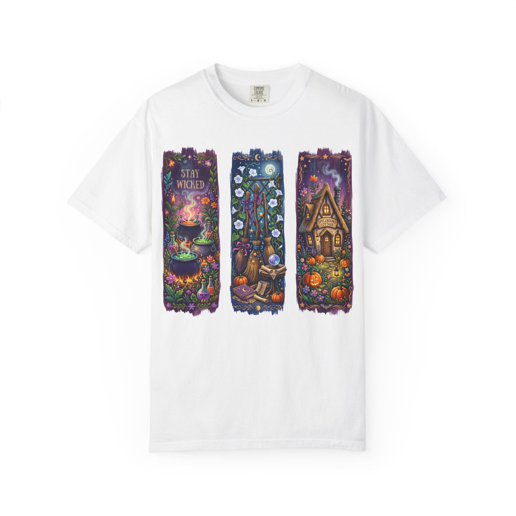 Witchy Autumn Panels T‑Shirt — "Stay Wicked" Halloween Tee