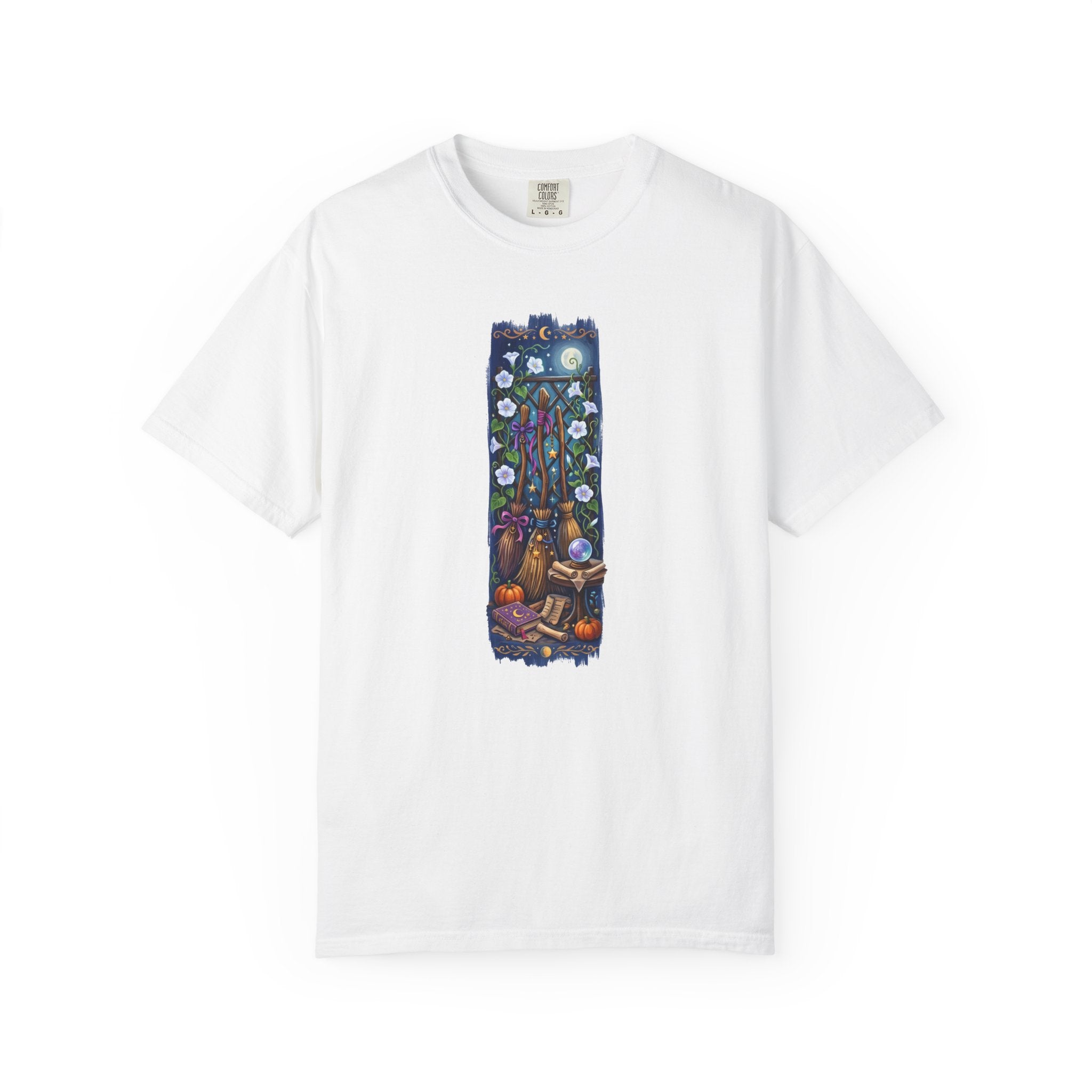 Witchy Garden Shirt, Cottagecore Witch Tee, Whimsical Moon Phase T-shirt, Celestial Broomstick Graphic Top, Botanical Mystic Gift, Aesthetic Autumn Tee
