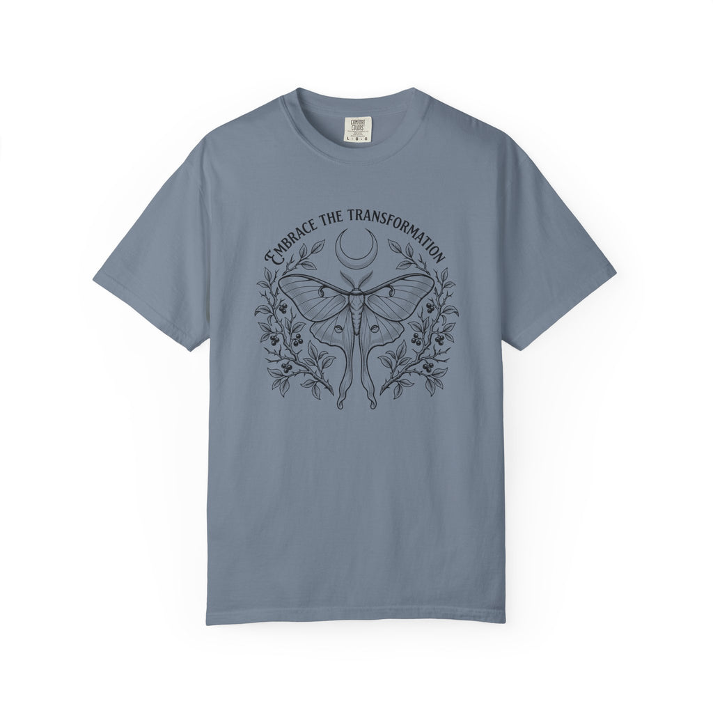 Transformation Moth T-Shirt - Crescent Moon and Botanical Graphic