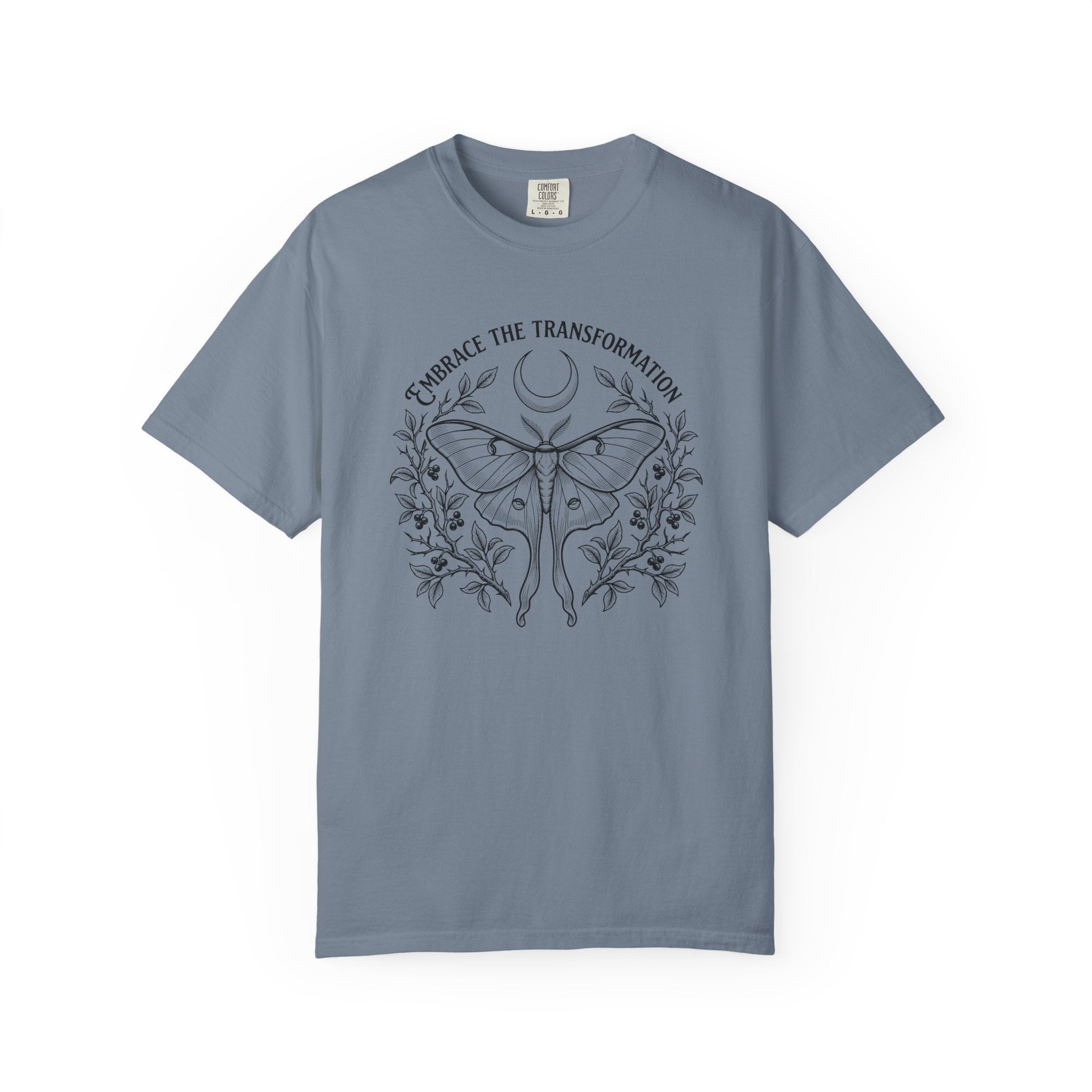 Transformation Moth T-Shirt - Crescent Moon and Botanical Graphic