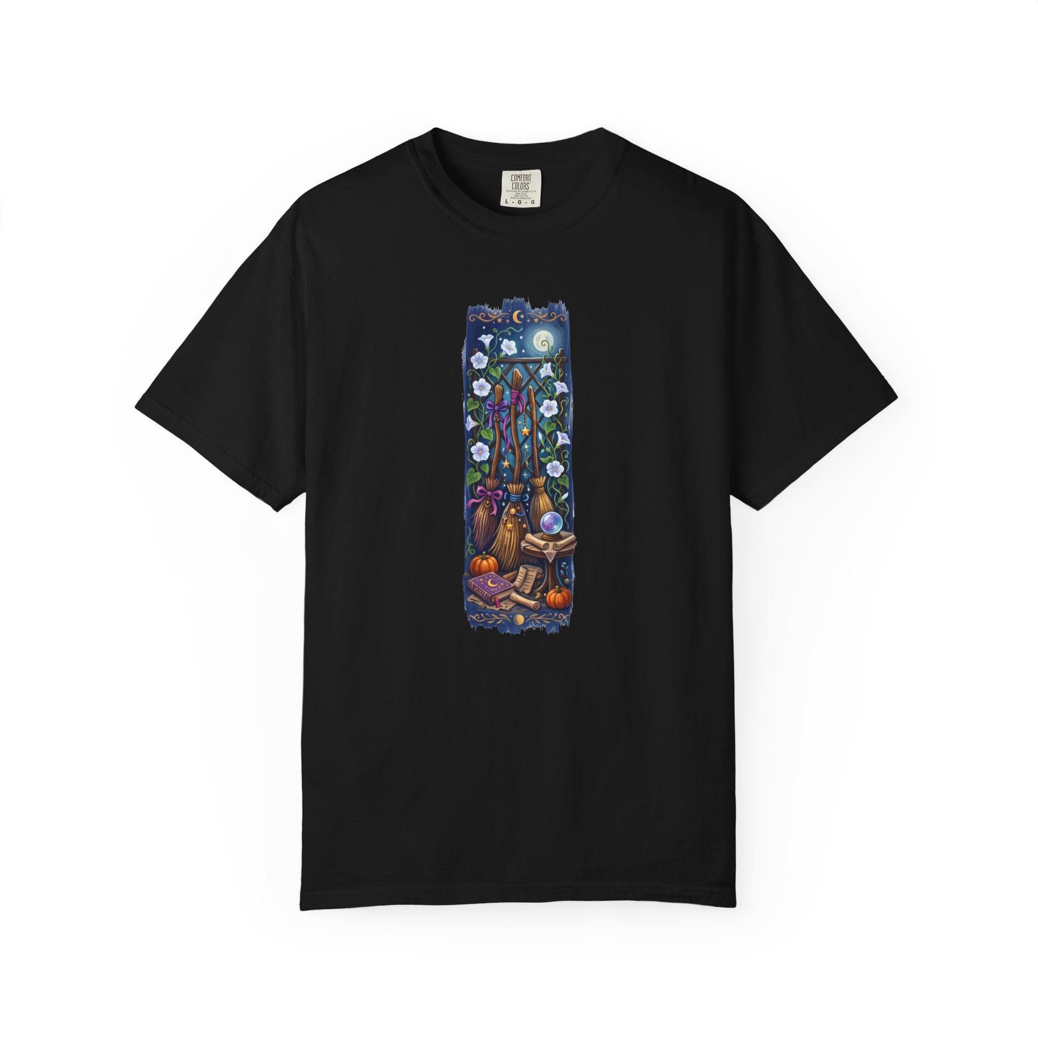 Witchy Garden Shirt, Cottagecore Witch Tee, Whimsical Moon Phase T-shirt, Celestial Broomstick Graphic Top, Botanical Mystic Gift, Aesthetic Autumn Tee