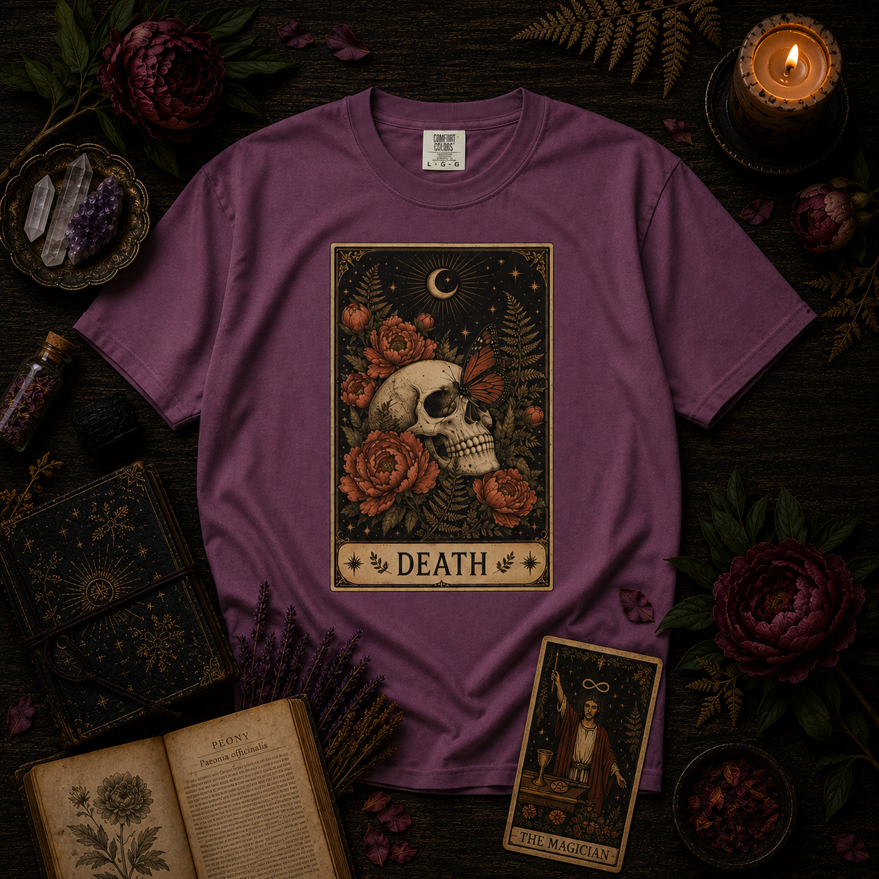 Vintage Death Tarot Card T-Shirt - Floral Skull & Butterfly Tee